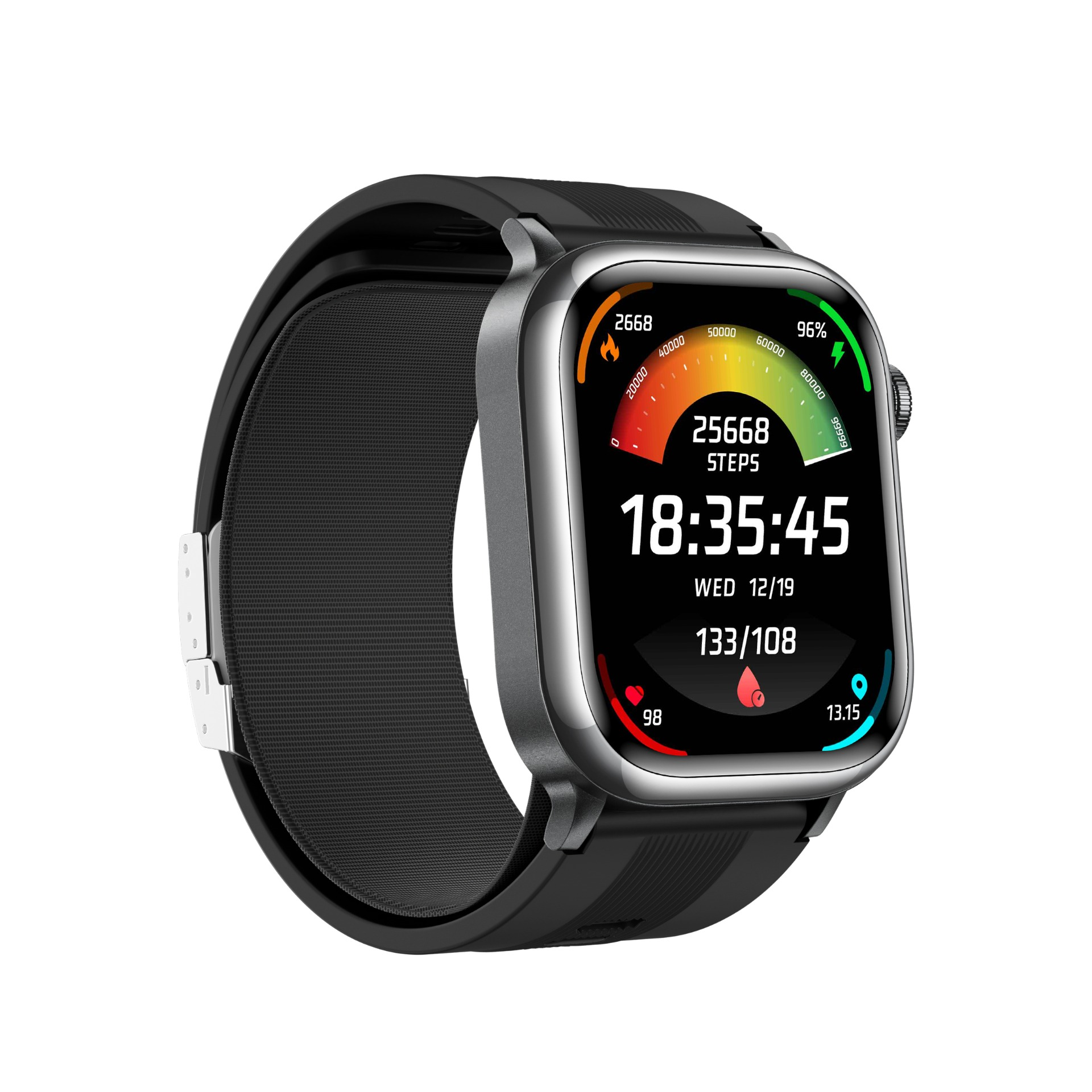 Eine silberne Smartwatch mit schwarzem Armband zeigt Uhrzeit, Schritte, Datum und Herzfrequenz.