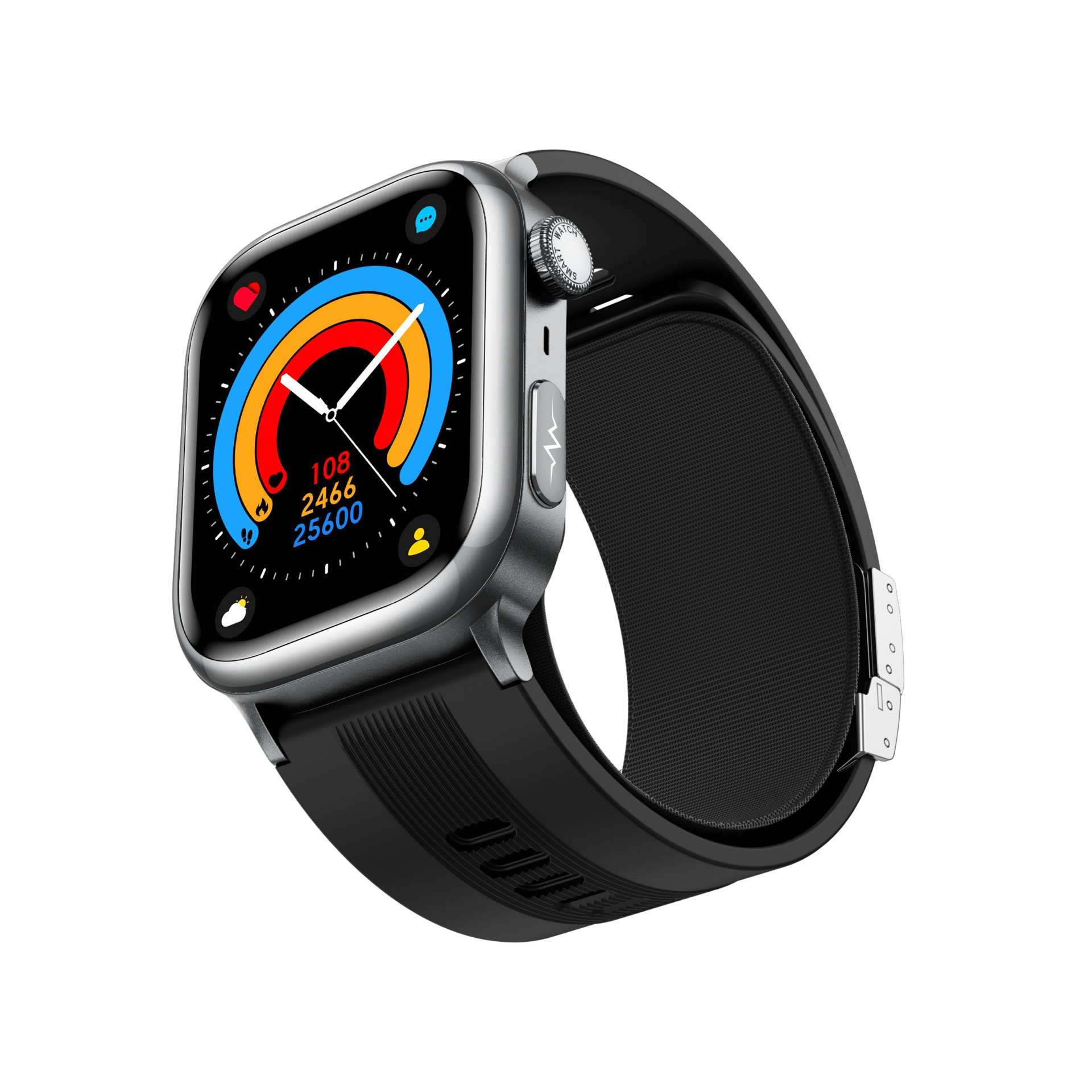 Eine silberne Smartwatch mit schwarzem Band zeigt Gesundheitsdaten auf ihrem bunten Display.