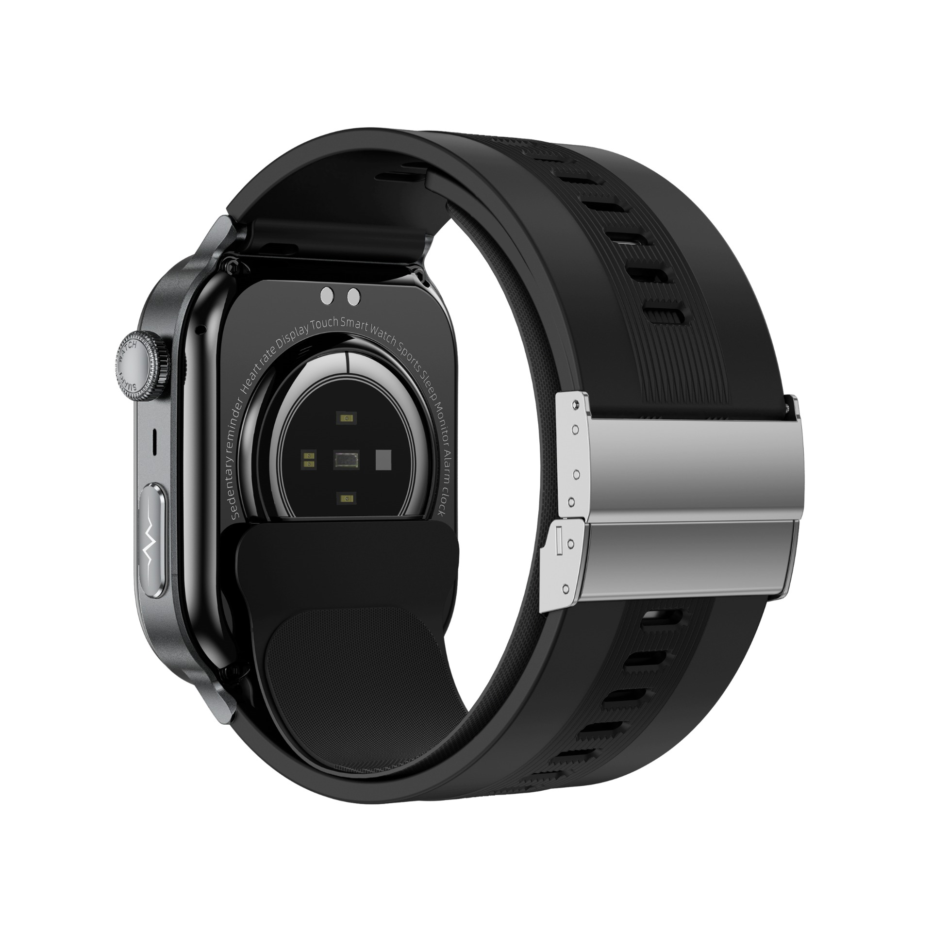 Rückseite einer schwarzen Smartwatch mit Herzfrequenzsensor und Silikonarmband.