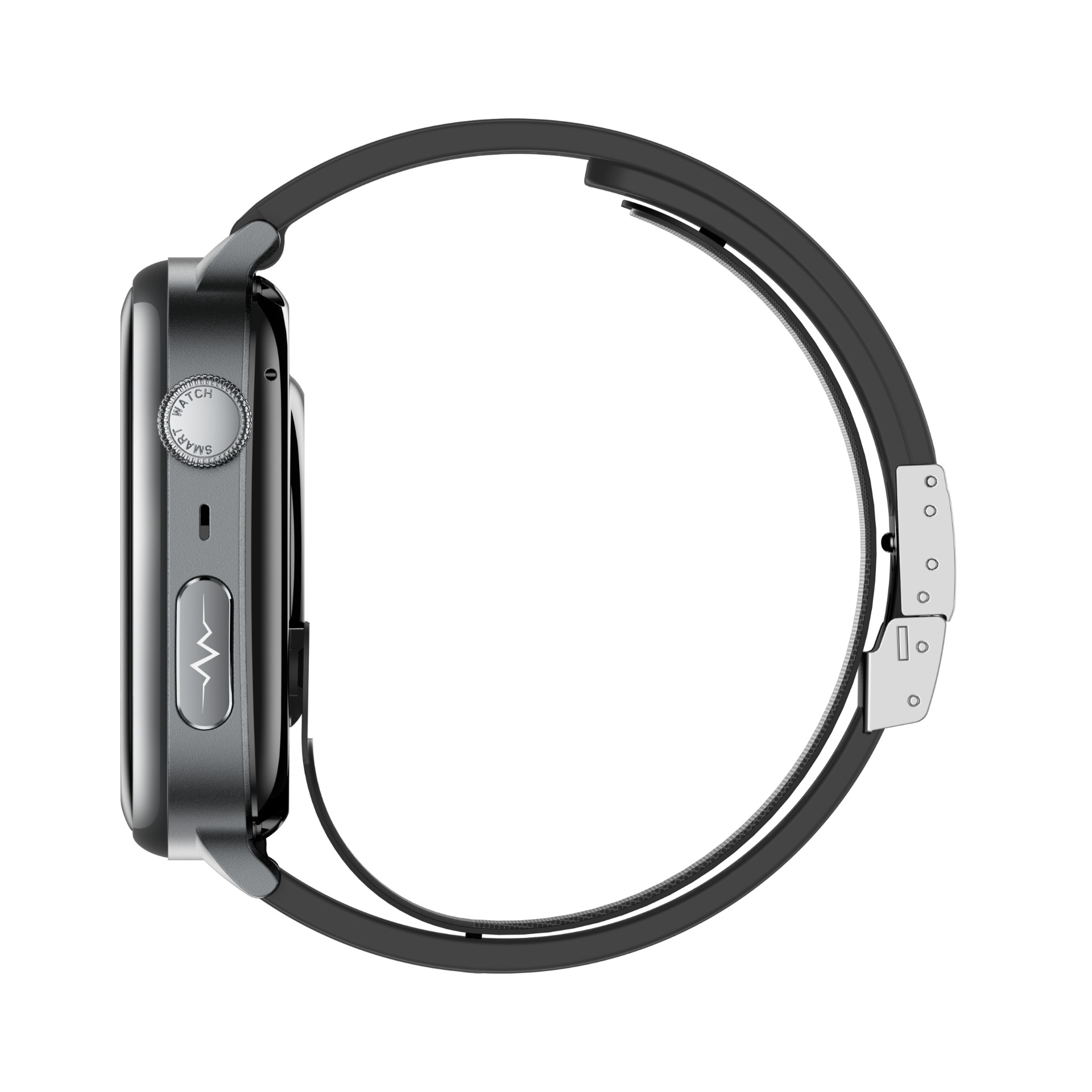 Eine graue Smartwatch mit schwarzem Armband, von der Seite gezeigt.