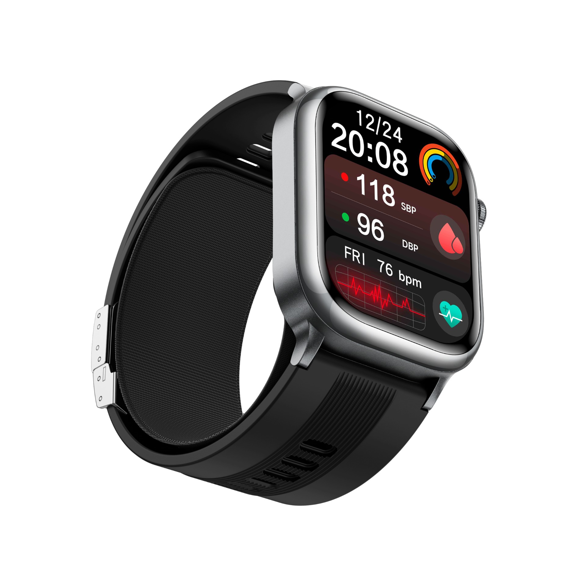 Eine schwarze Smartwatch mit silbernem Rahmen zeigt Uhrzeit, Datum, Herzfrequenz und Blutdruck.