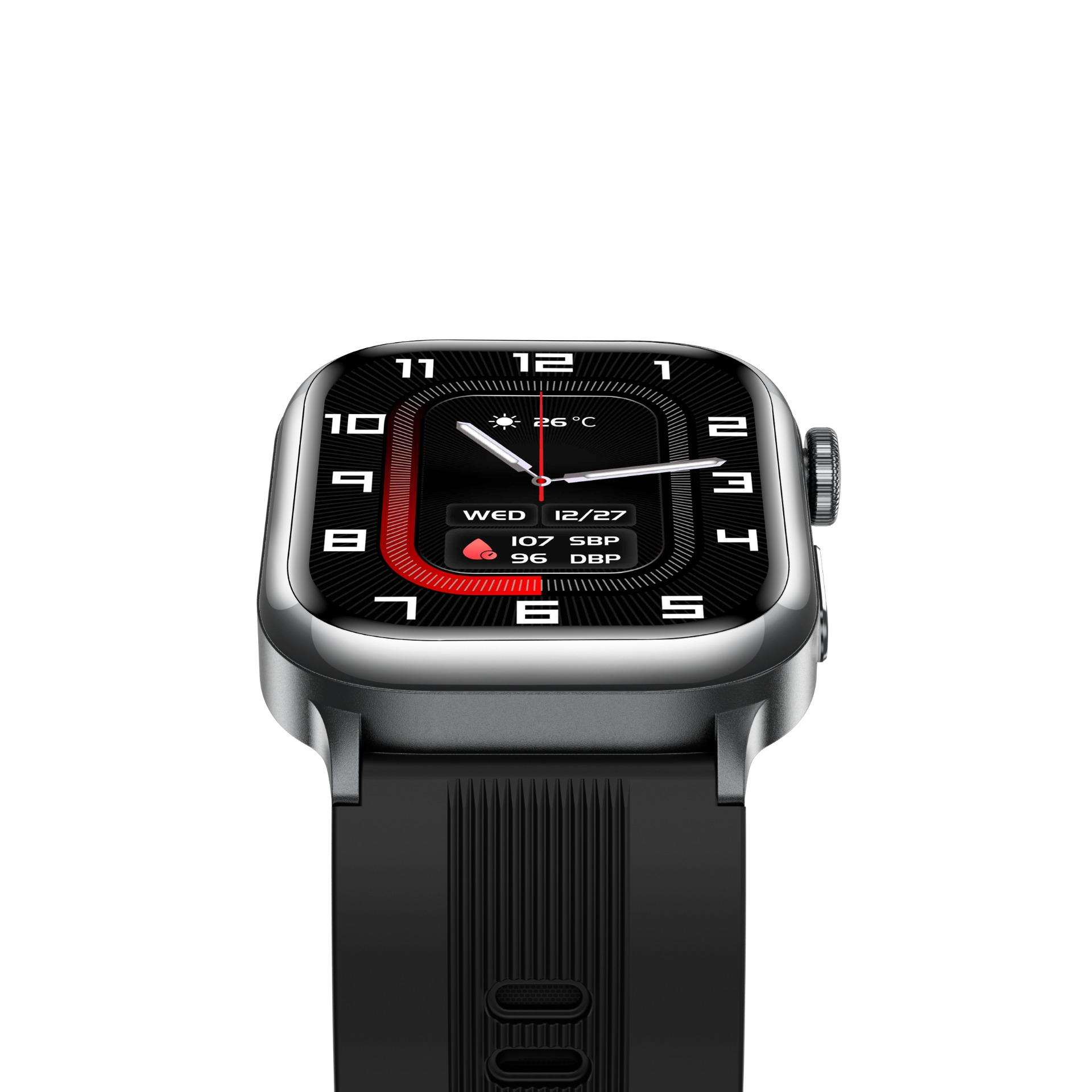 Eine Smartwatch mit schwarzem Zifferblatt zeigt 26°C, Datum und Gesundheitsdaten an.