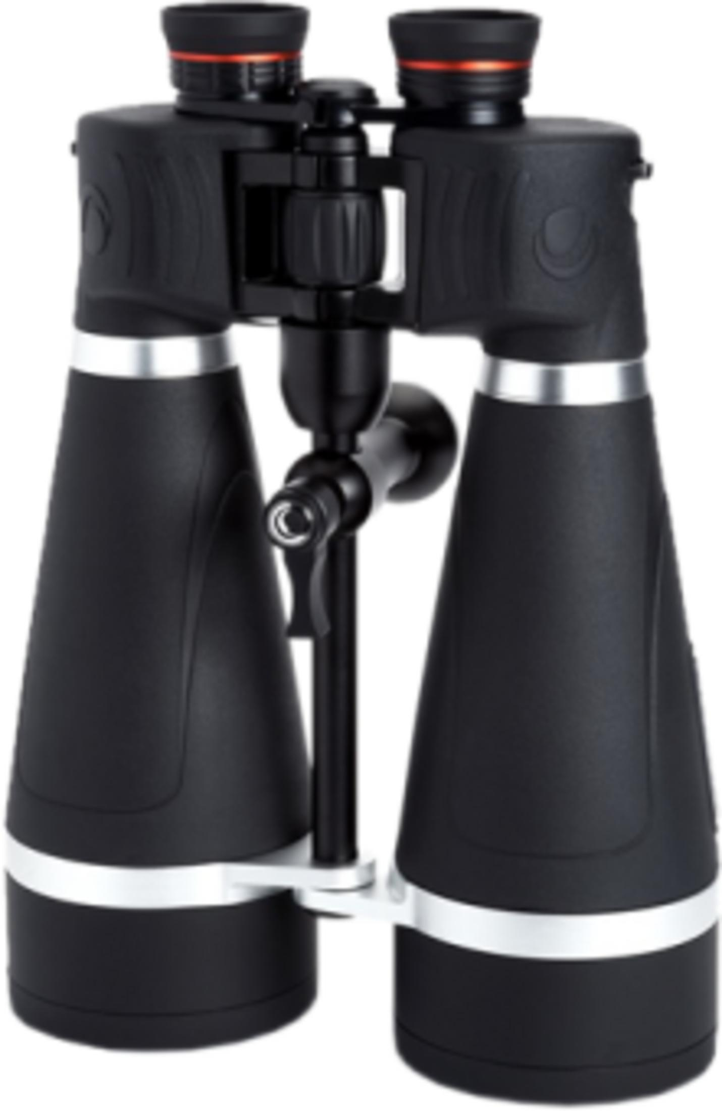 Schwarze Fernglas mit silbernen Ringen und rotem Akzent auf den Okularen.