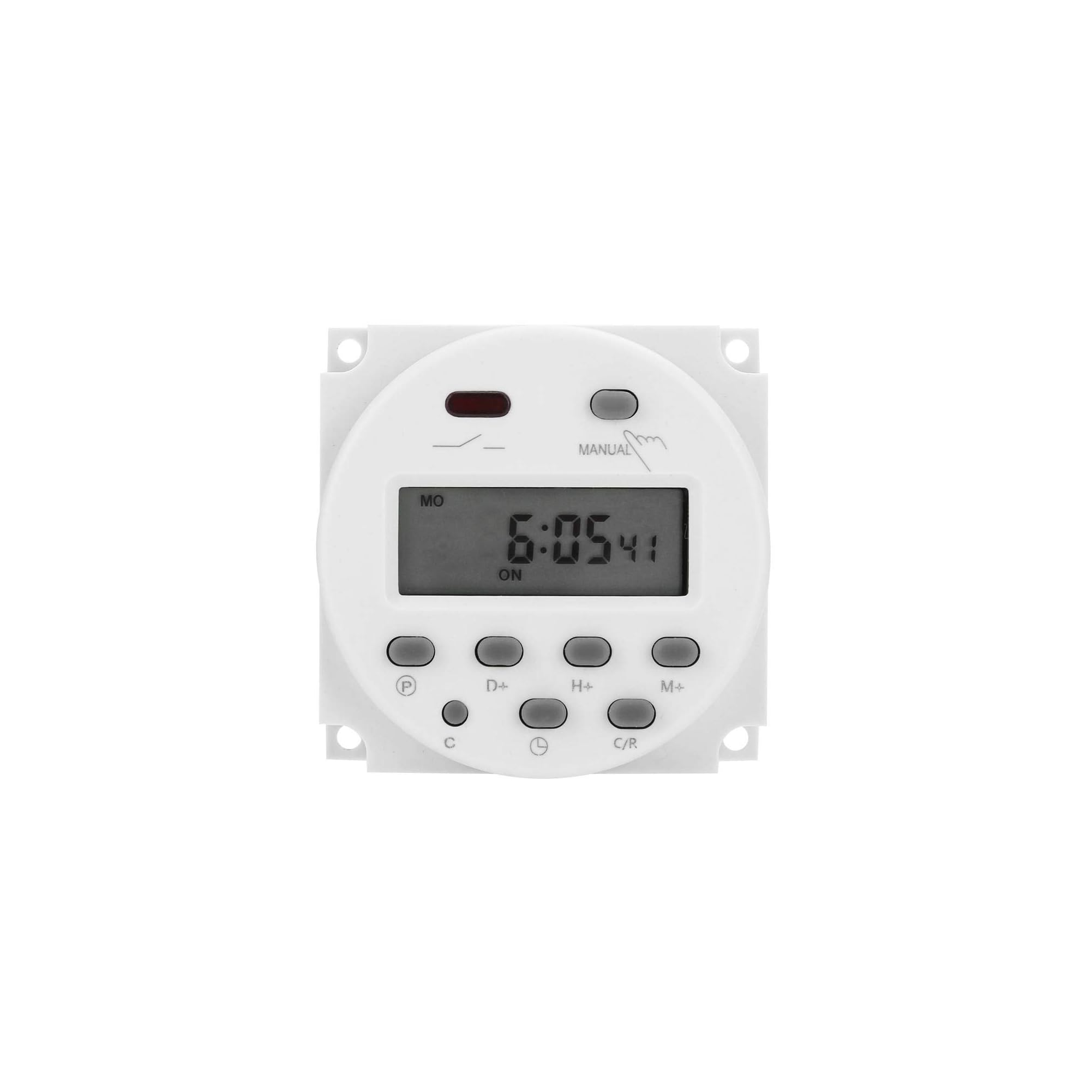 Ein weißer digitaler Zeitschaltuhr mit einem LCD-Display, das 6:05:41 Uhr anzeigt.