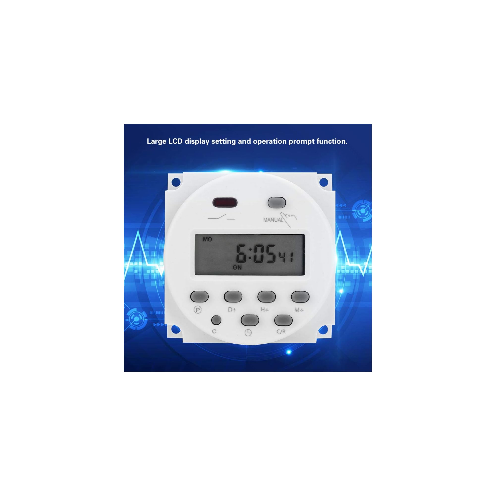 Ein weißer digitaler Timer mit LCD-Anzeige zeigt 6:05 an, mit Tasten darunter.