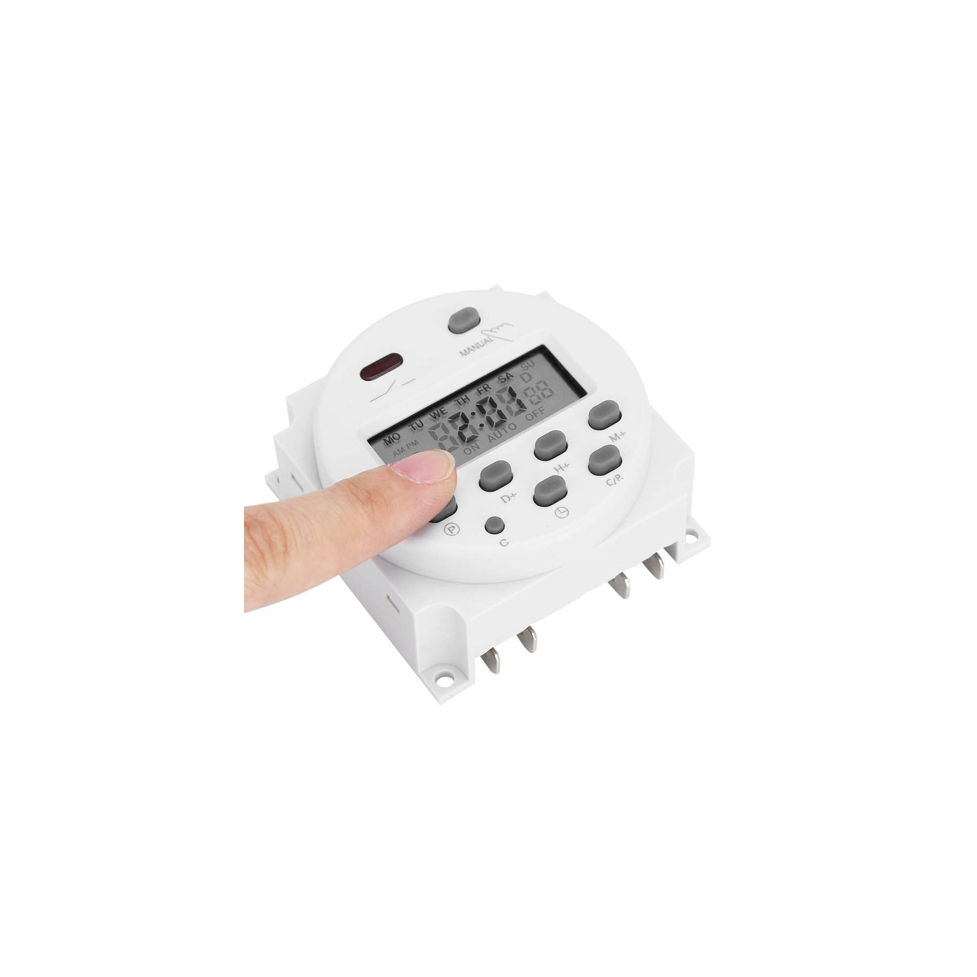 Ein Finger drückt auf einen weißen digitalen Timer mit grauen Tasten.