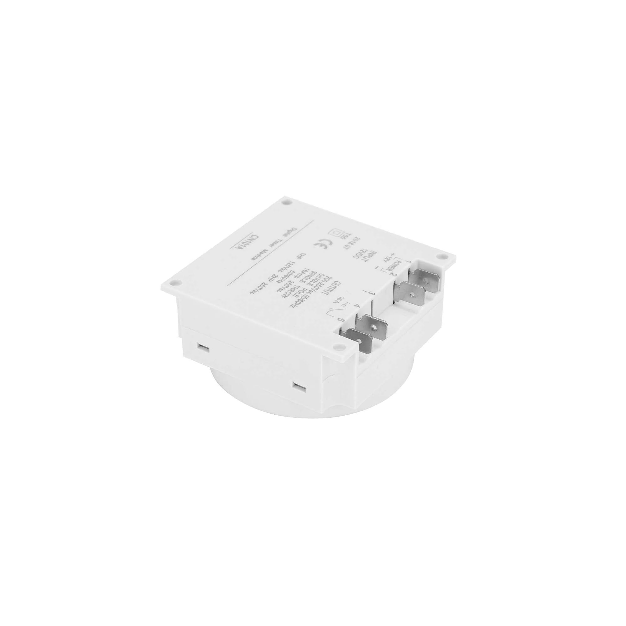 Ein weißes digitales Timer-Modul mit Anschlüssen und Beschriftungen.