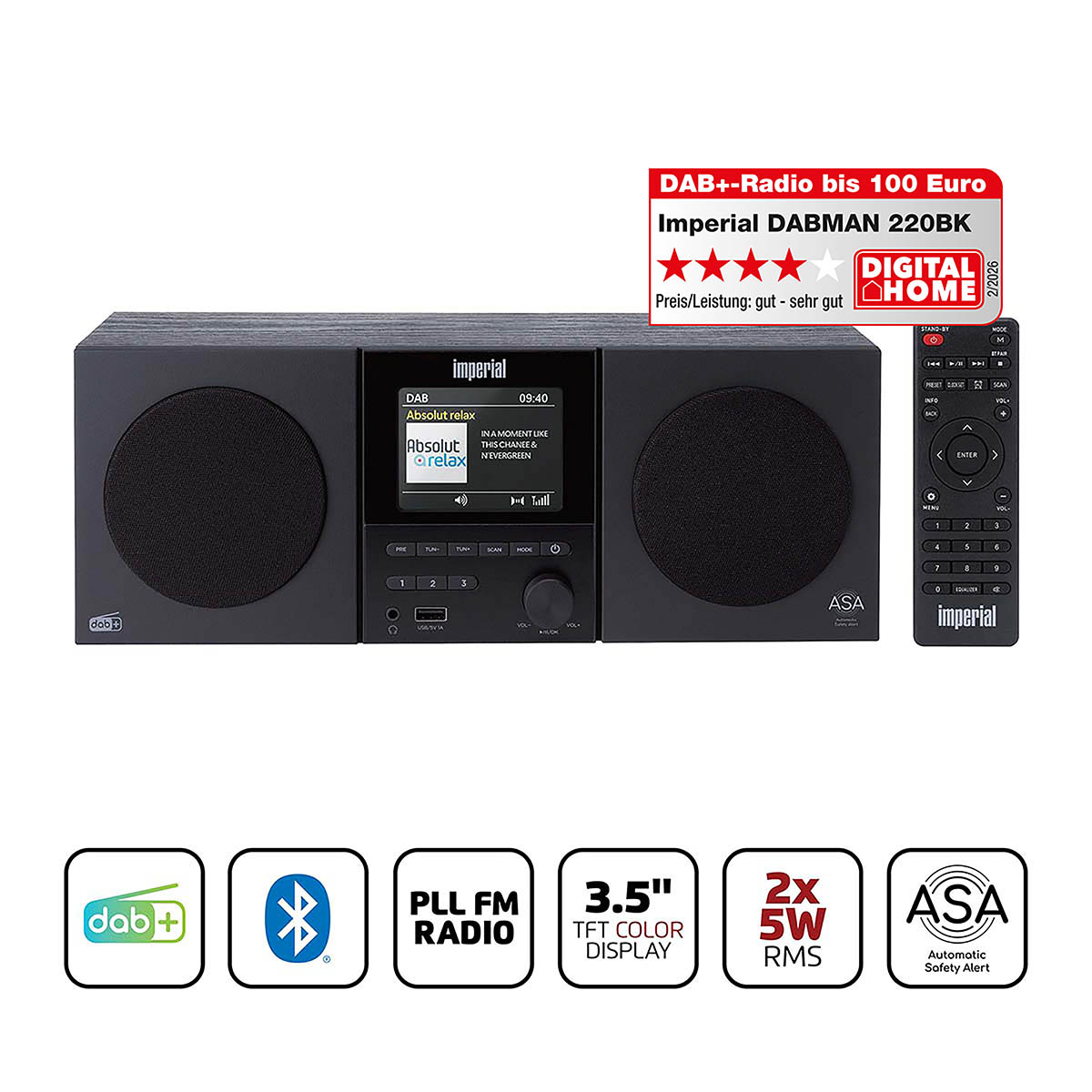 Een zwarte Imperial DABMAN 220BK radio met afstandsbediening, DAB+ en PLL FM.