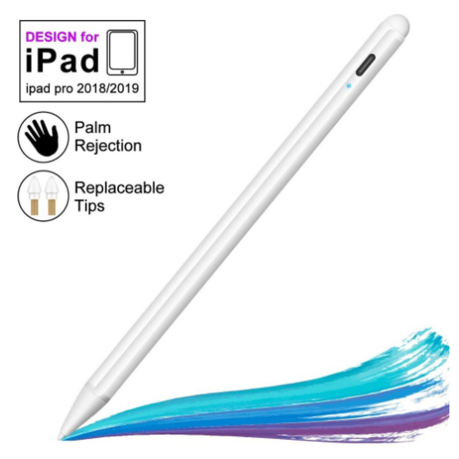 Ein weißer Stift für iPad Pro mit blauer LED und Palm-Rejection-Symbol.