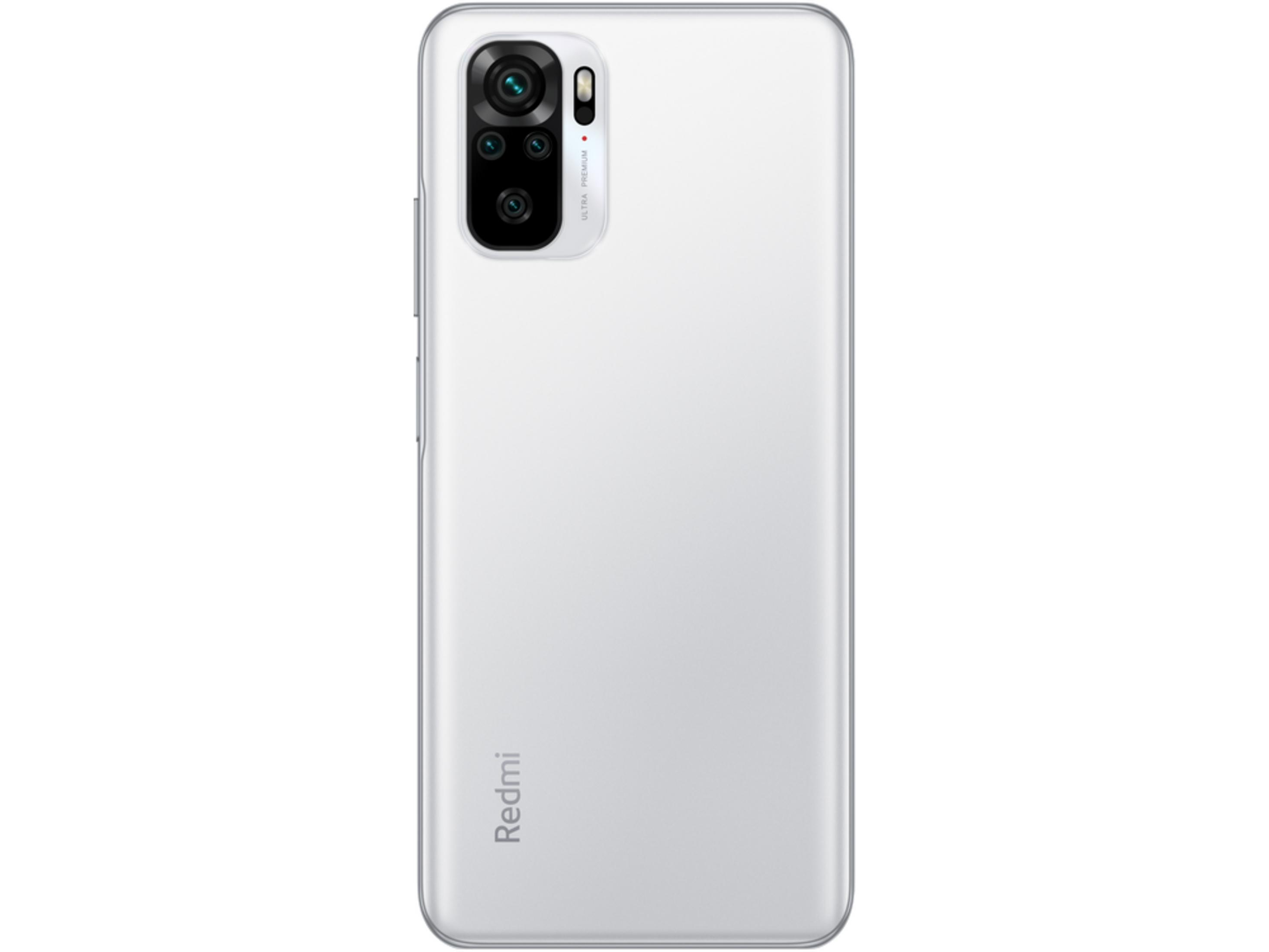 Rückseite eines weißen Smartphones mit vier Kameras und dem Redmi-Logo.