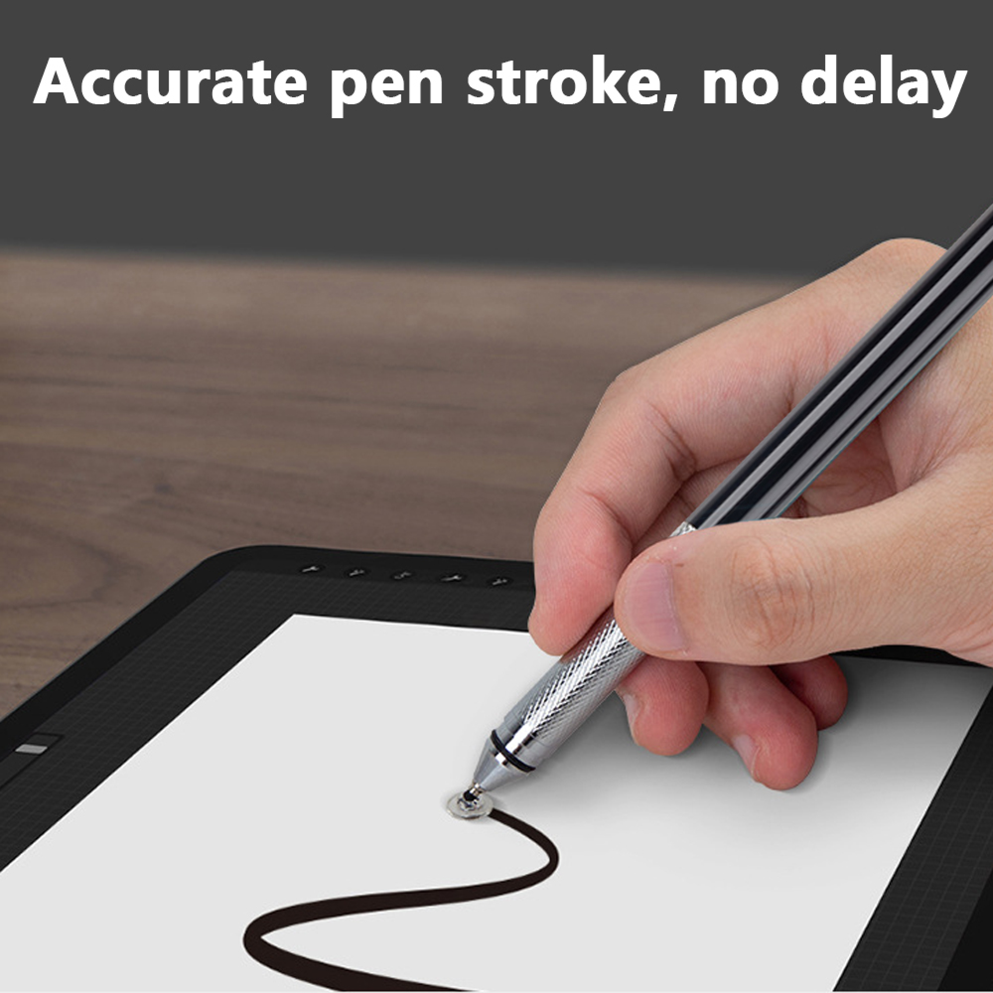 Eine Hand benutzt einen Stift auf einem Tablet und zeichnet eine schwarze Linie. Silberner Stift mit schwarzen Streifen.