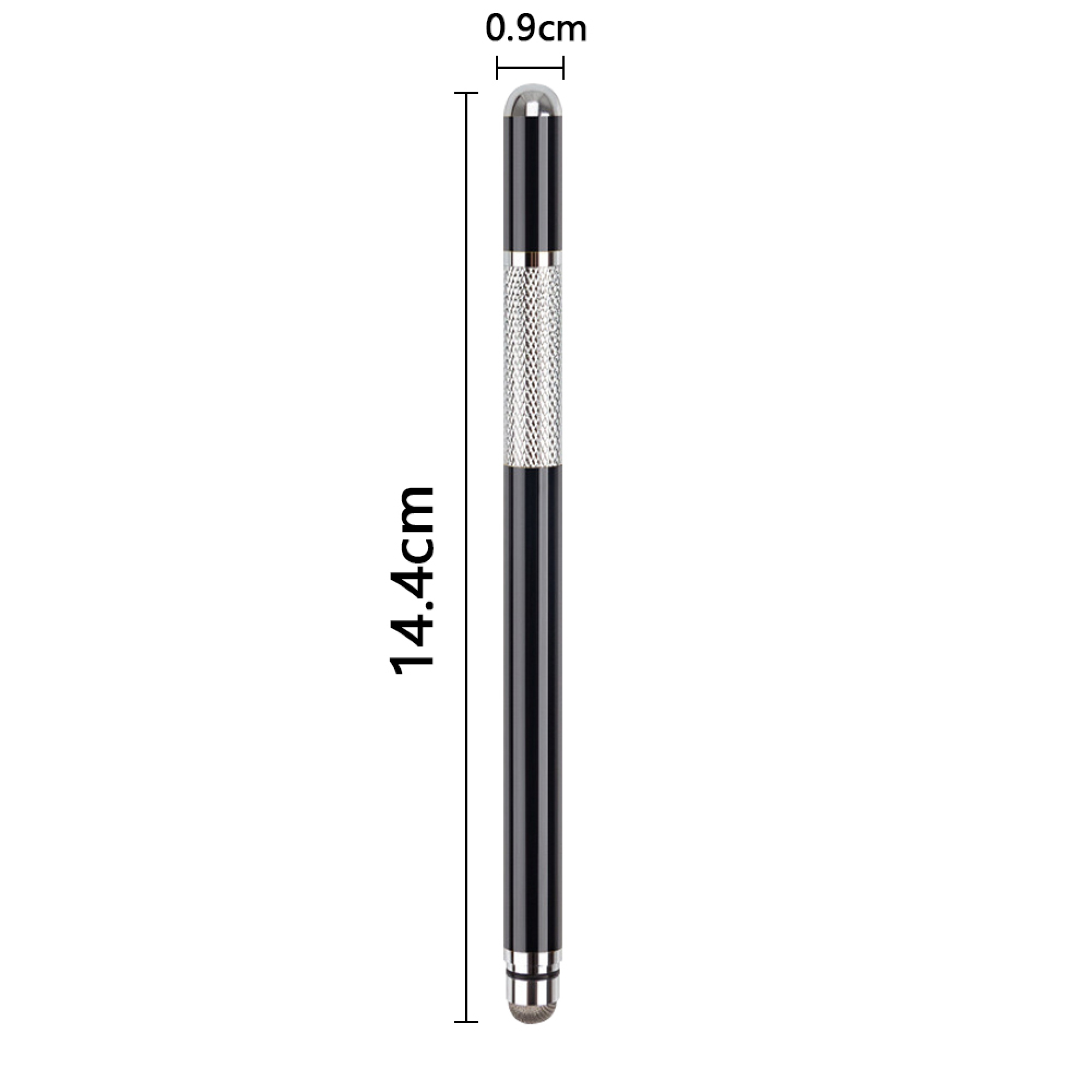 Ein schwarzer Stift mit silberner Spitze und Griff. 14,4 cm lang, 0,9 cm breit.