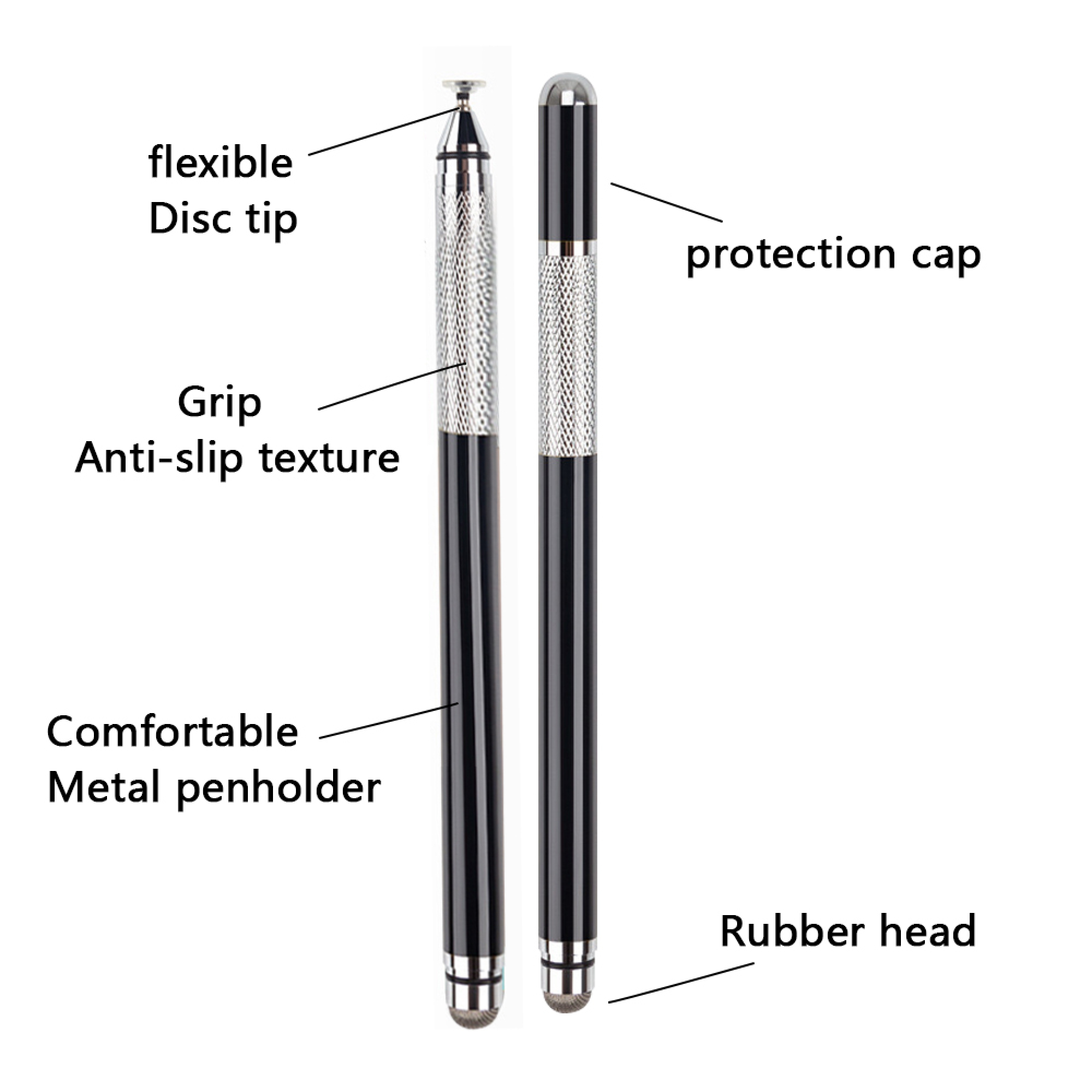 Zwei Stifte nebeneinander: einer mit flexiblem Scheibenspitze, Grip, Metallhalter; der andere mit Schutzkappe.