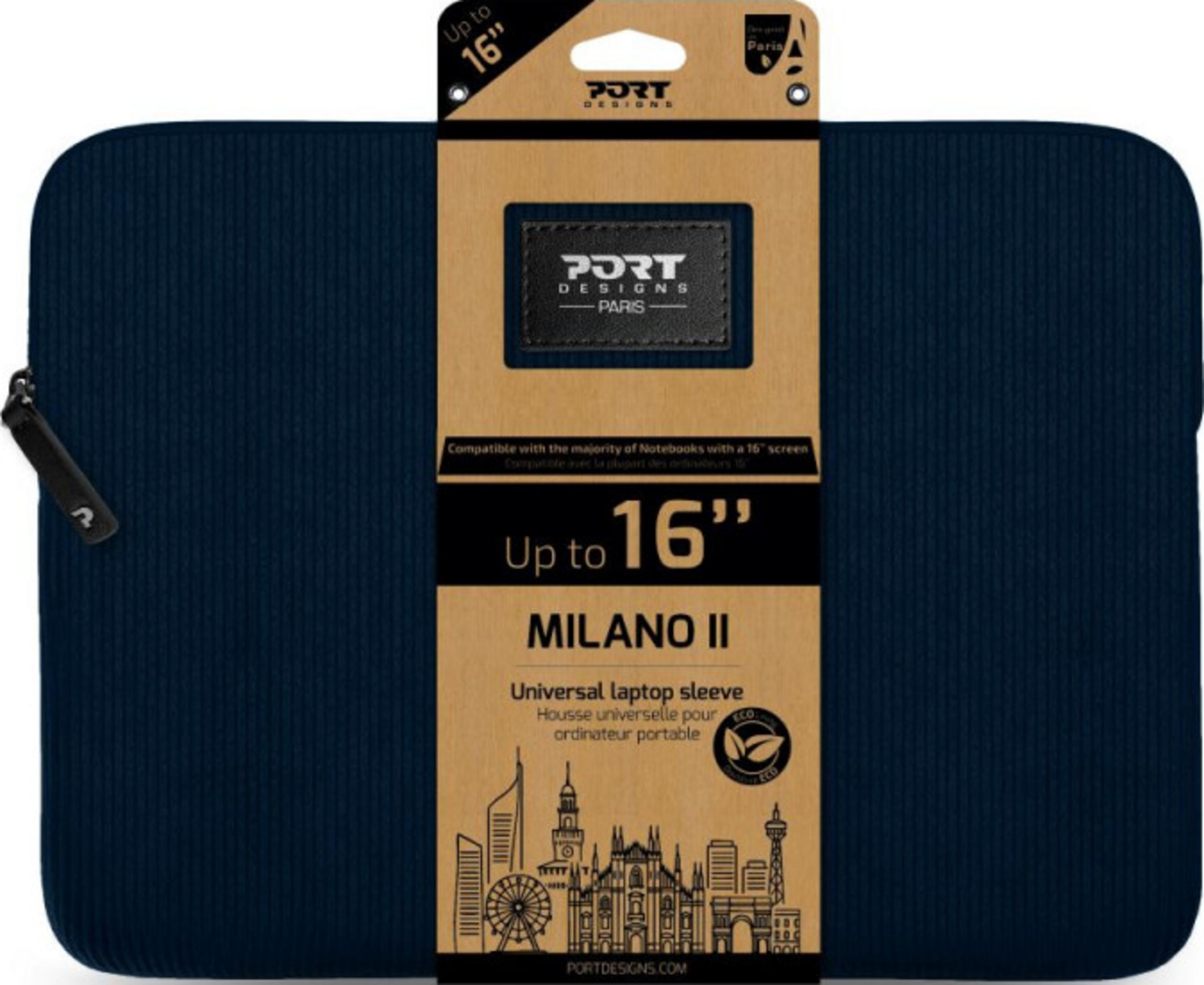 Custodia blu scuro per laptop da 16" con logo Milano II e skyline città.
