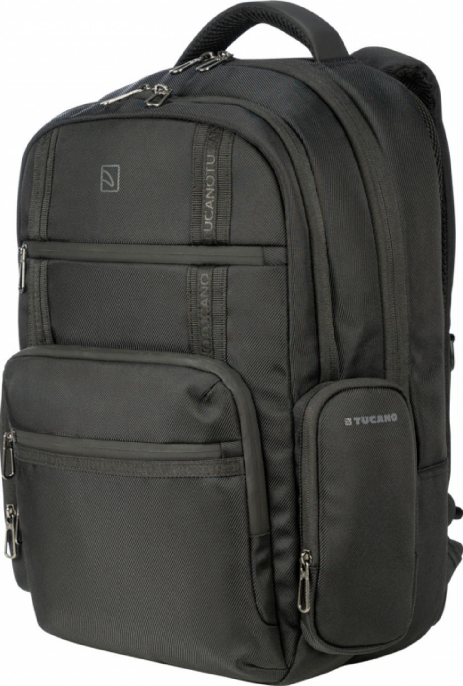 Ein schwarzer Tucano Rucksack mit mehreren Fächern und Reißverschlüssen.