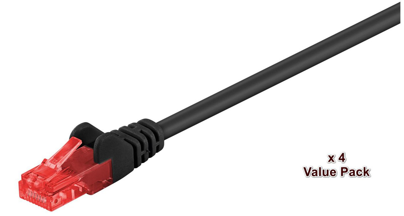 Un cavo di rete nero con connettore RJ45 rosso, confezione da 4.