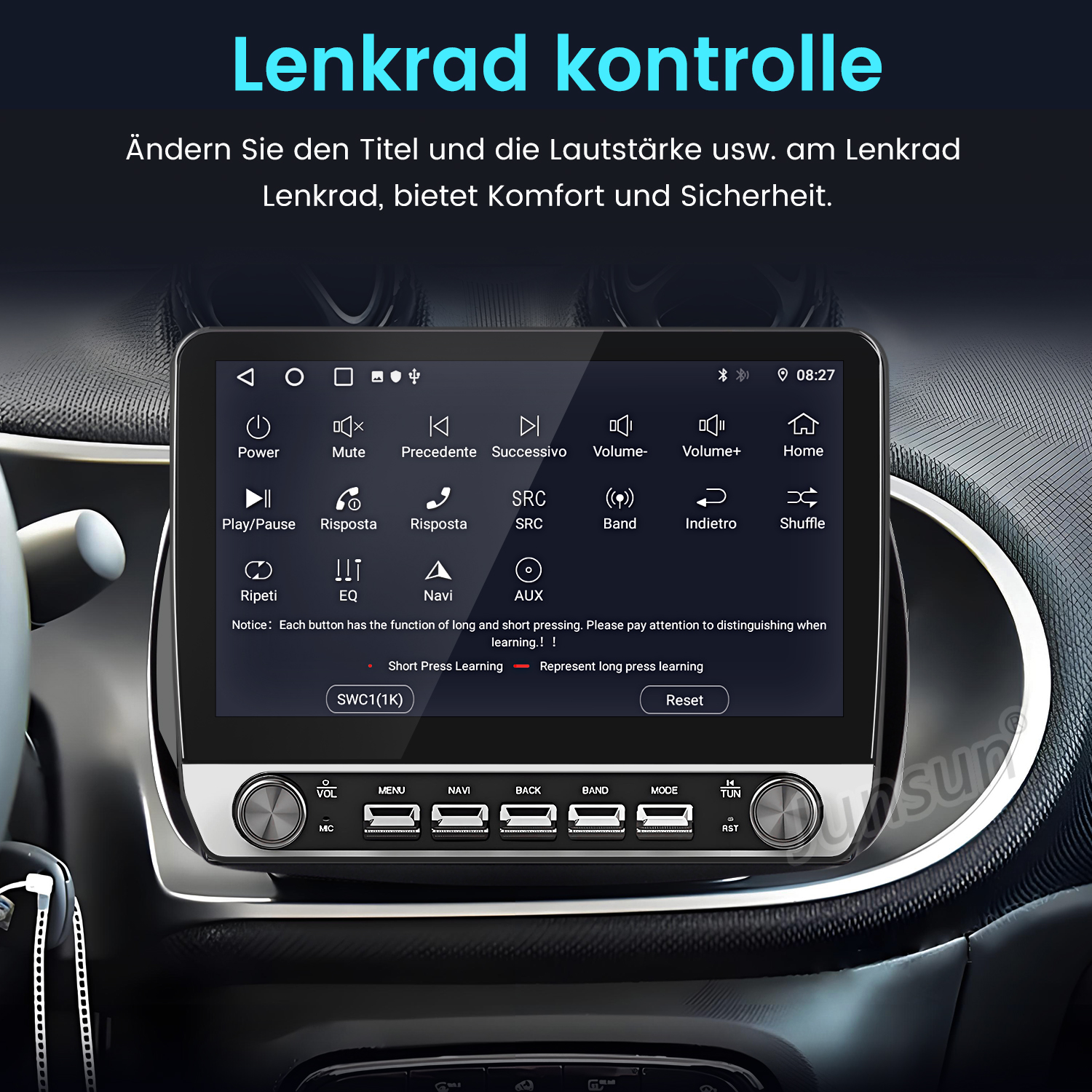 Ein Autoradio-Bildschirm mit Lenkradsteuerungsoptionen und verschiedenen Symbolen.