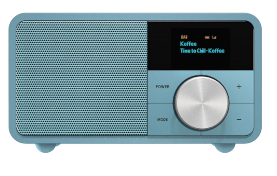 Una radio DAB azzurra con schermo che mostra informazioni musicali.