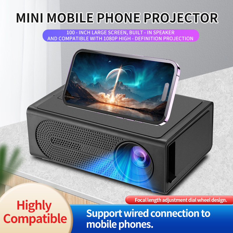 Ein schwarzer Mini-Projektor mit einem Smartphone, das einen Film projiziert.