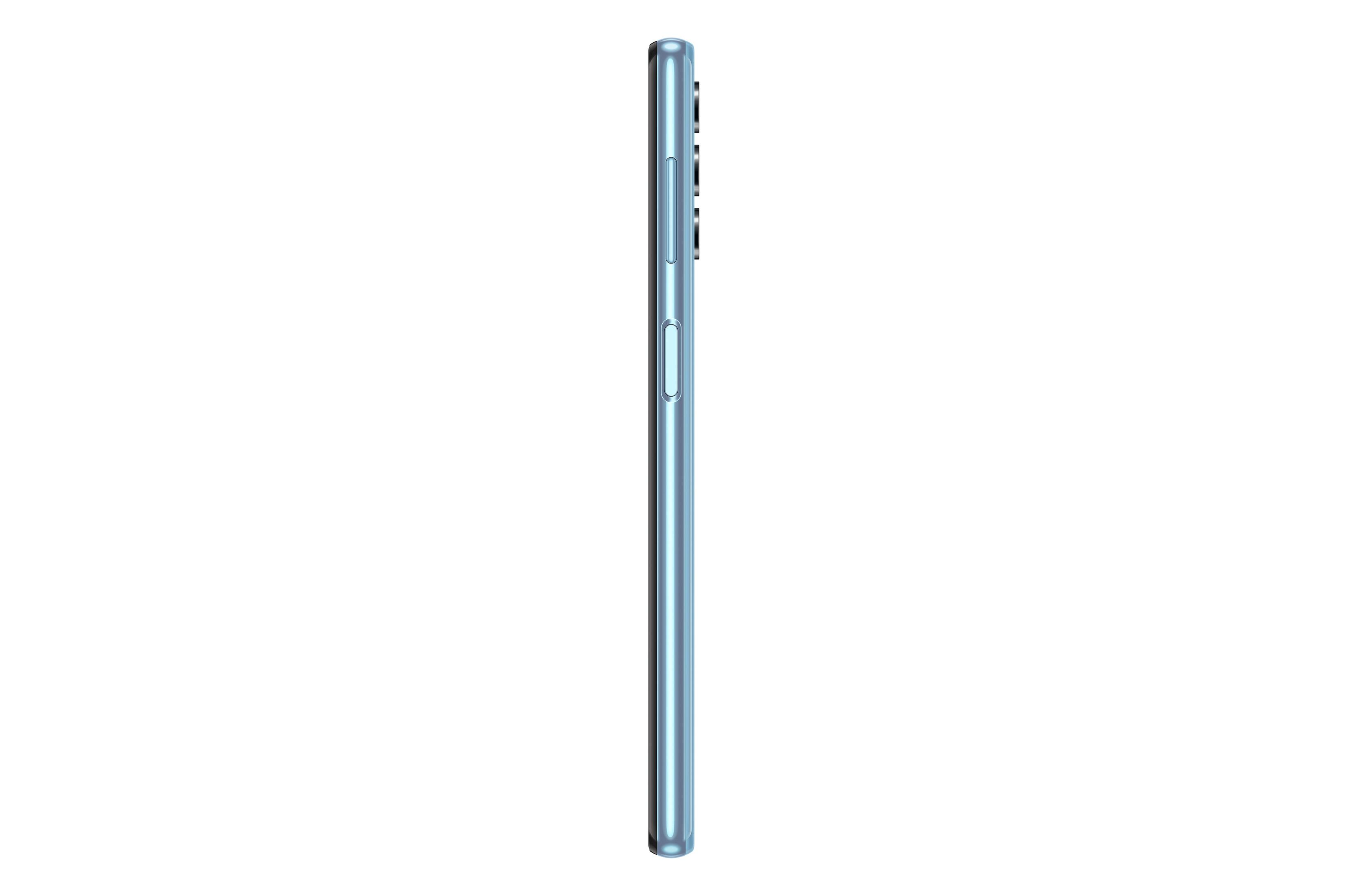 Uno smartphone blu mostrato di profilo, con pulsanti e fotocamere visibili.