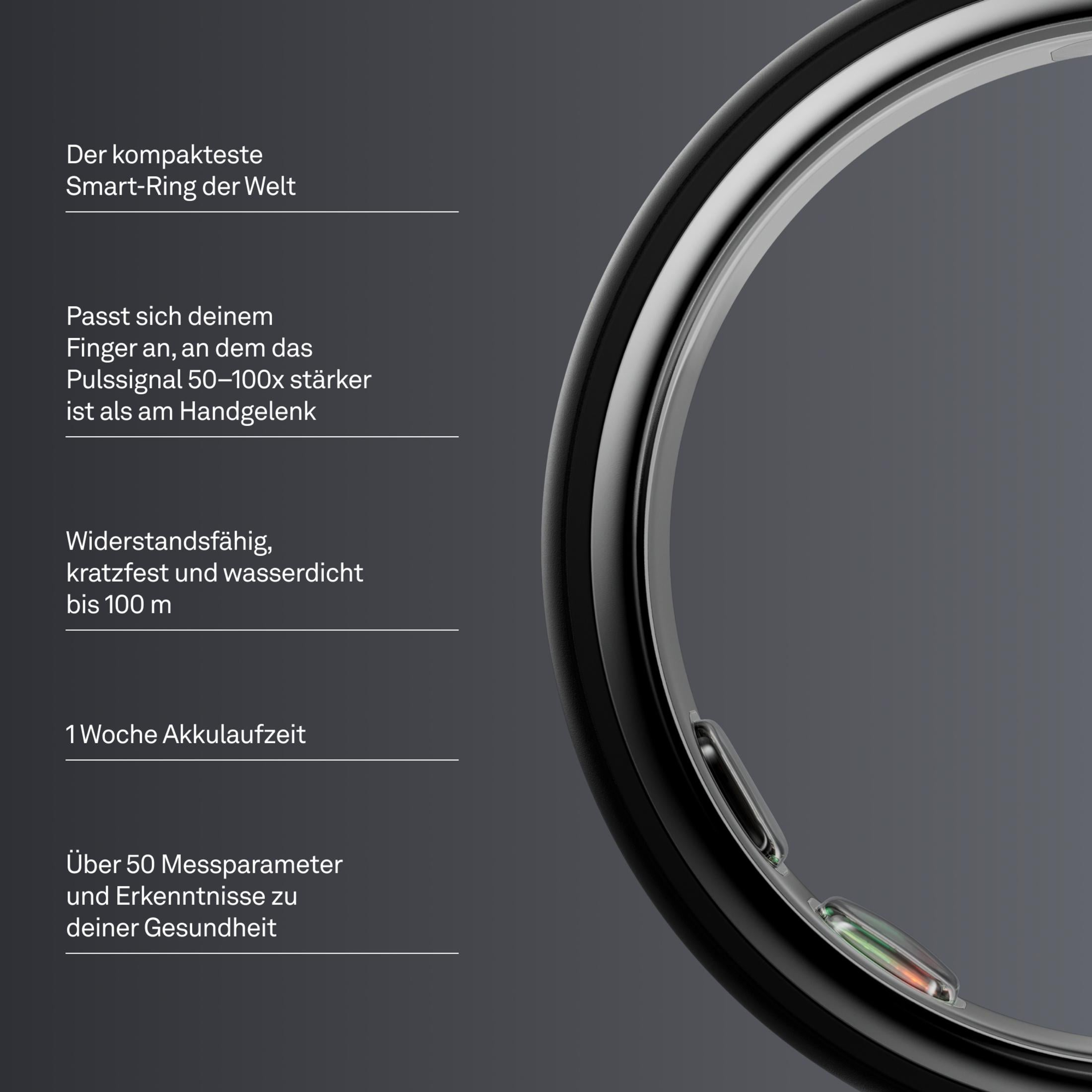 Ein schwarzer Smart-Ring mit Textinformationen über seine Funktionen.