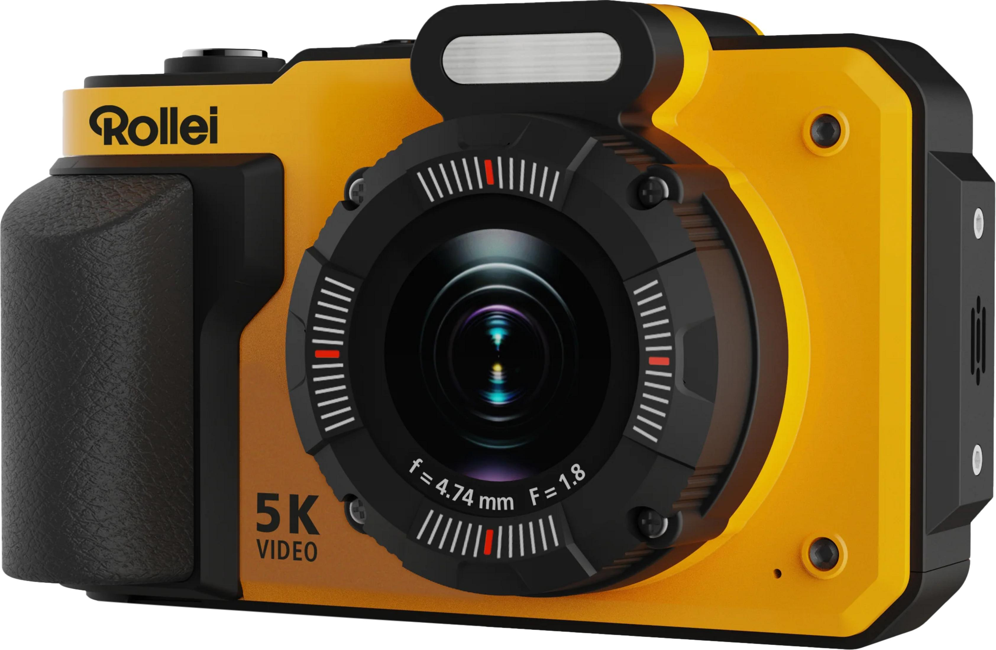 Una fotocamera Rollei gialla con impugnatura nera e obiettivo video 5K.