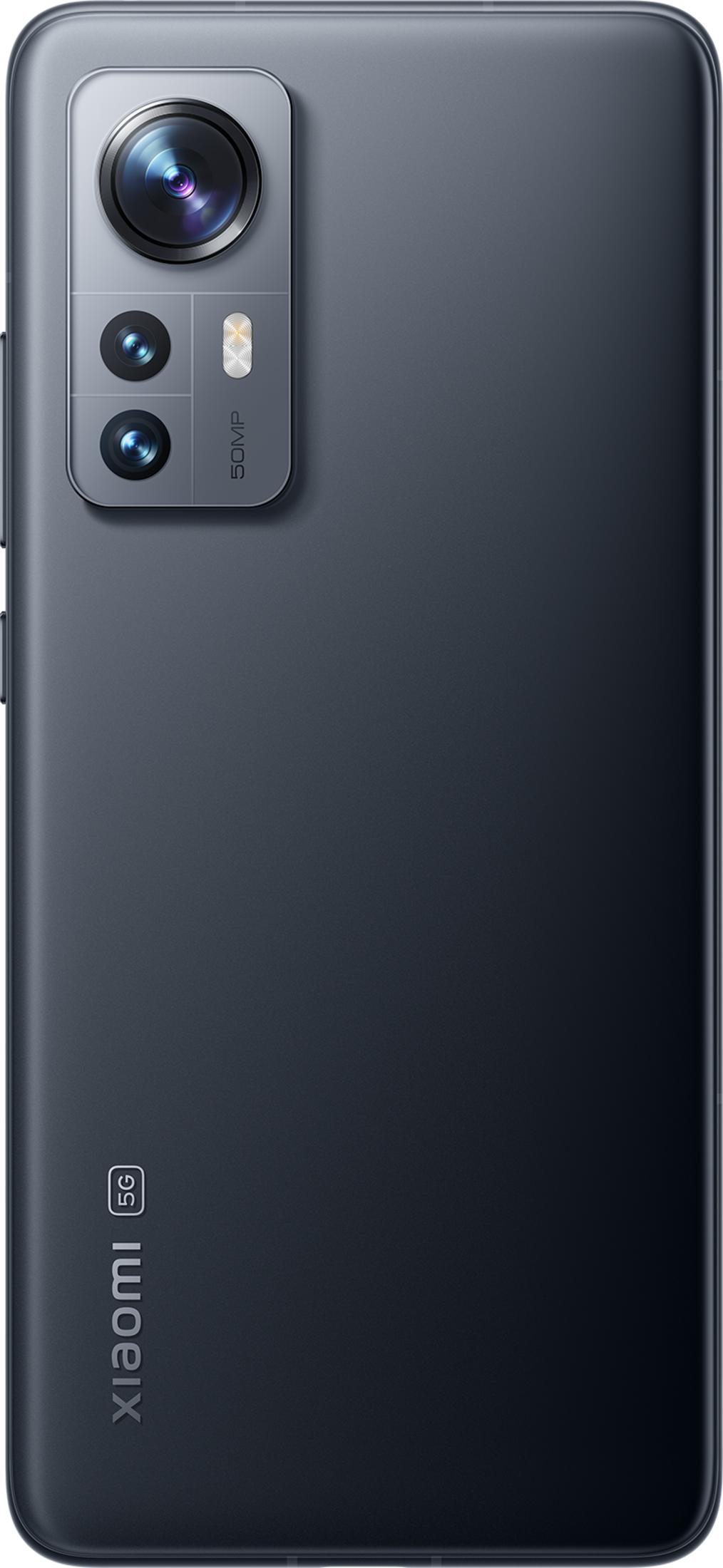 Dunkelgraues Smartphone mit dreifacher Kamera und 5G-Logo.