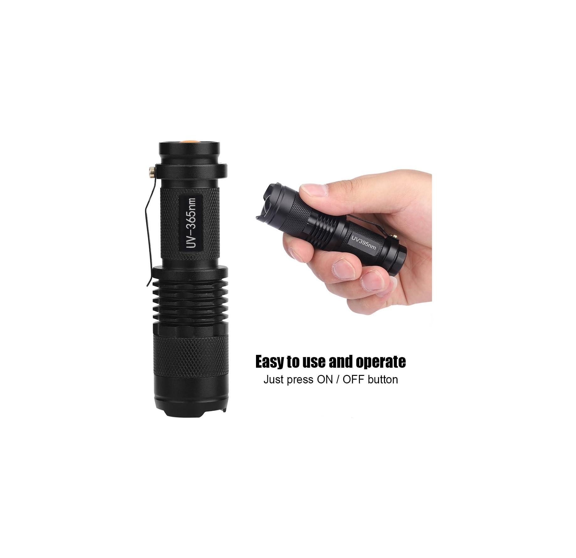 Zwei schwarze UV-Taschenlampen, eine steht, eine wird gehalten. Text: Einfach zu bedienen.