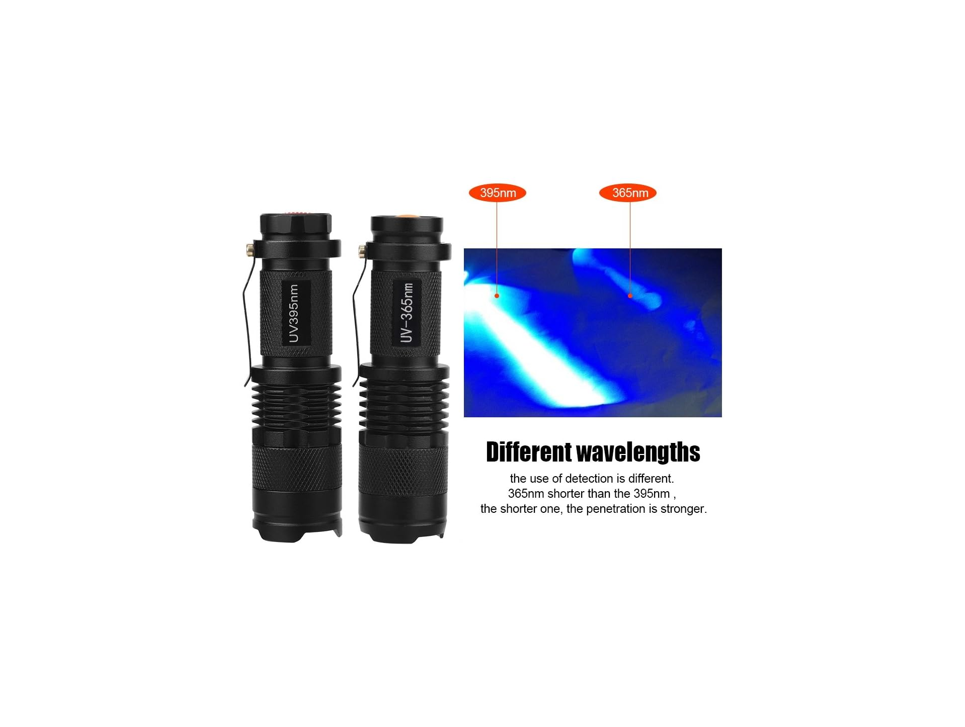 Zwei UV-Taschenlampen, eine 395nm, eine 365nm, mit UV-Licht-Effekt.