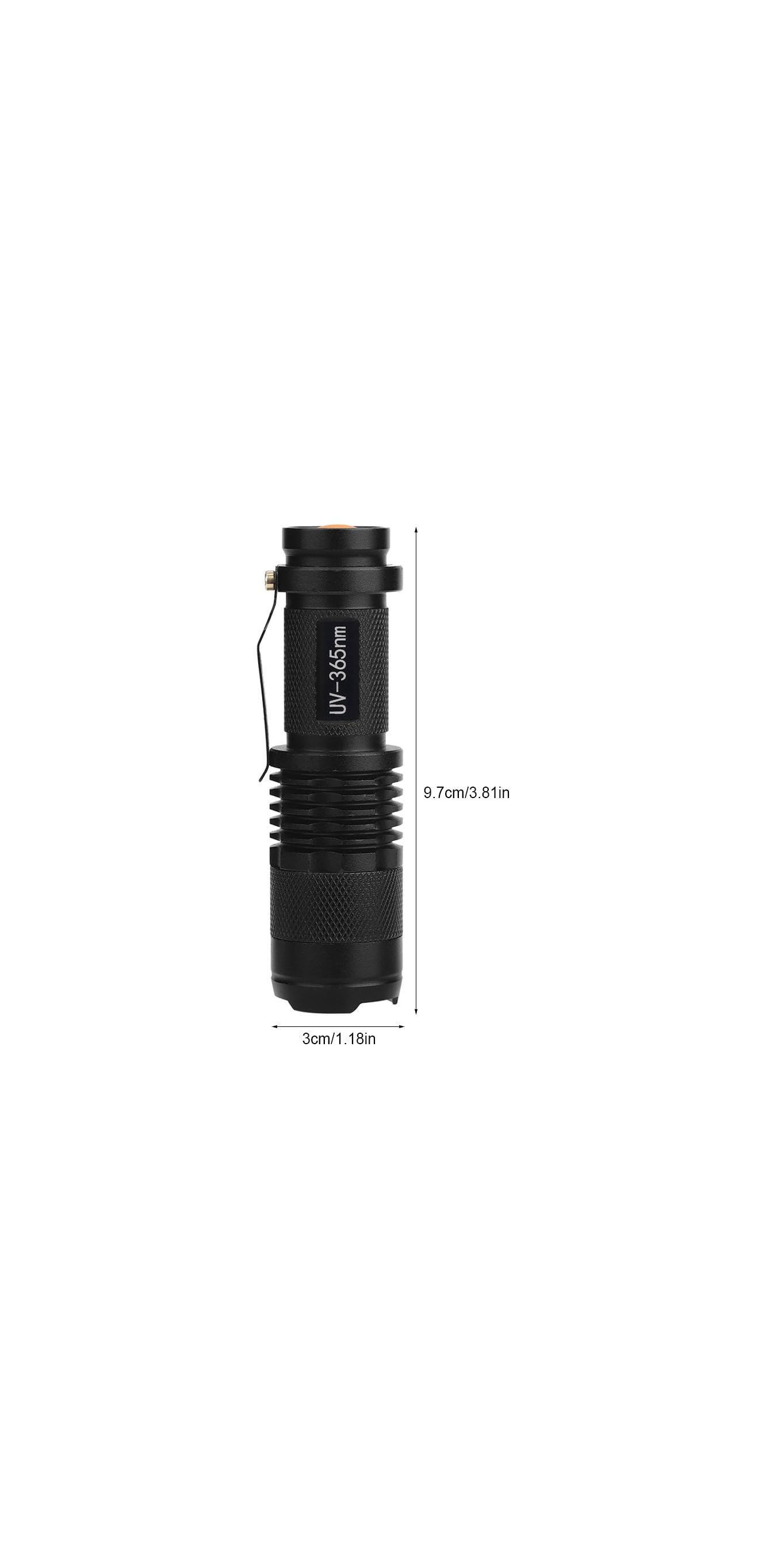 Schwarze UV-Taschenlampe mit Beschriftung UV-365nm und Größenangaben.