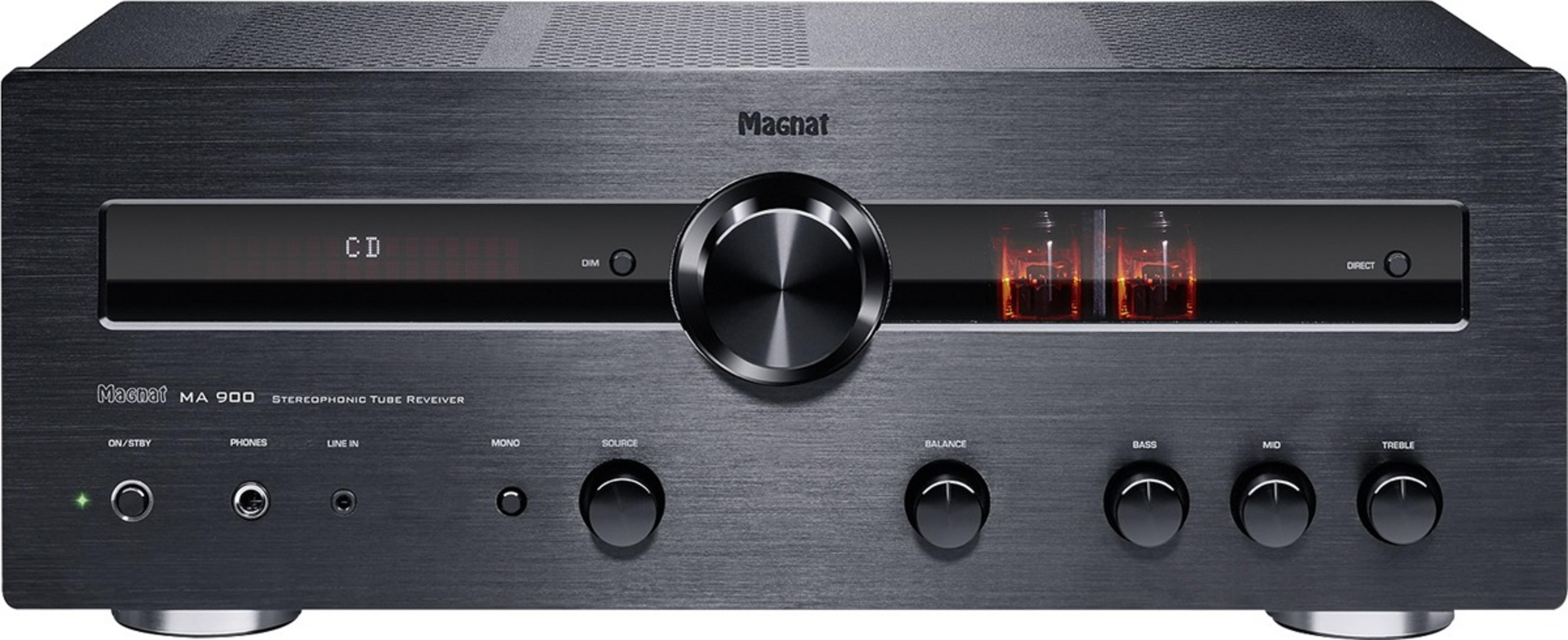 Schwarzer Magnat MA 900 Röhren-Stereoreceiver mit CD-Anzeige, Knöpfen und Röhren.