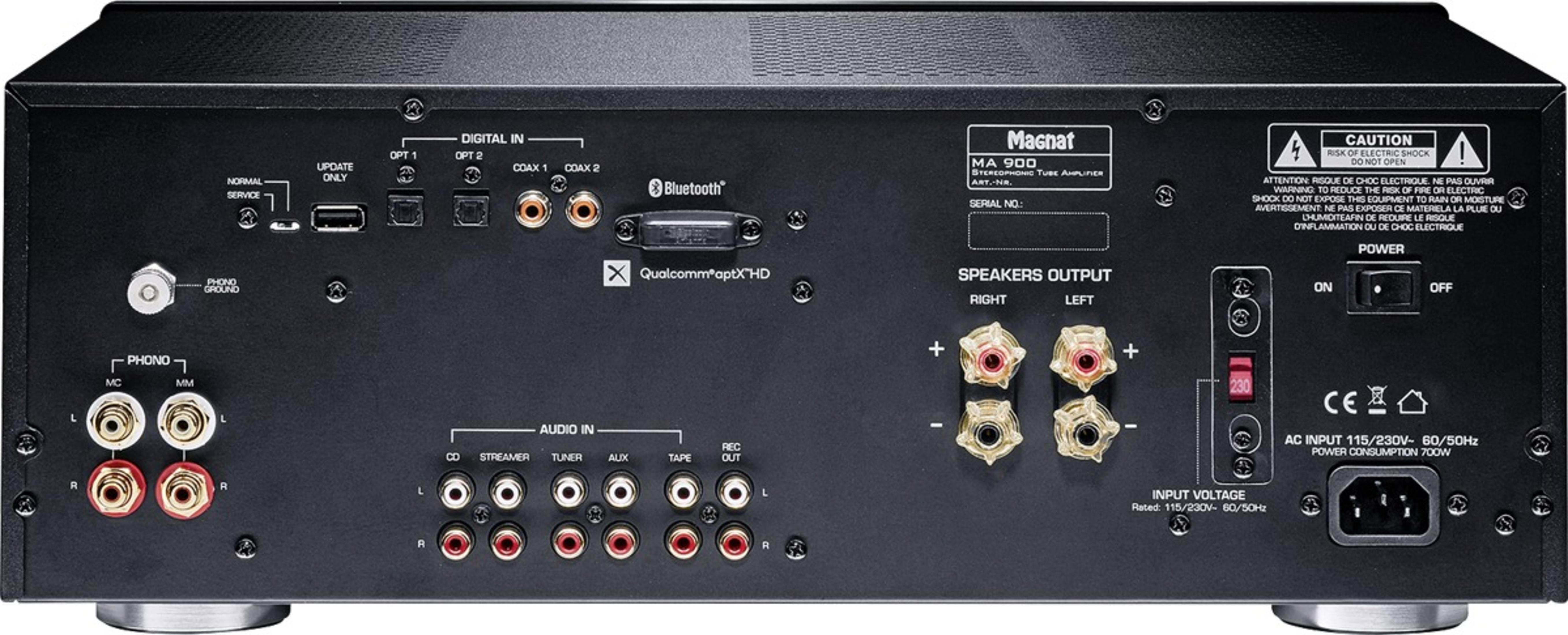 Rückseite eines Verstärkers mit Anschlüssen wie Phono, Digital, Audio In, Lautsprecher und Strom.