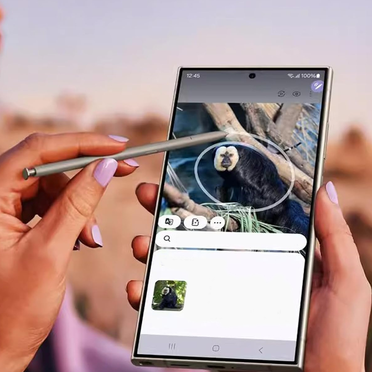 Eine Person mit einem Stift auf einem Smartphone, das einen Affen zeigt.