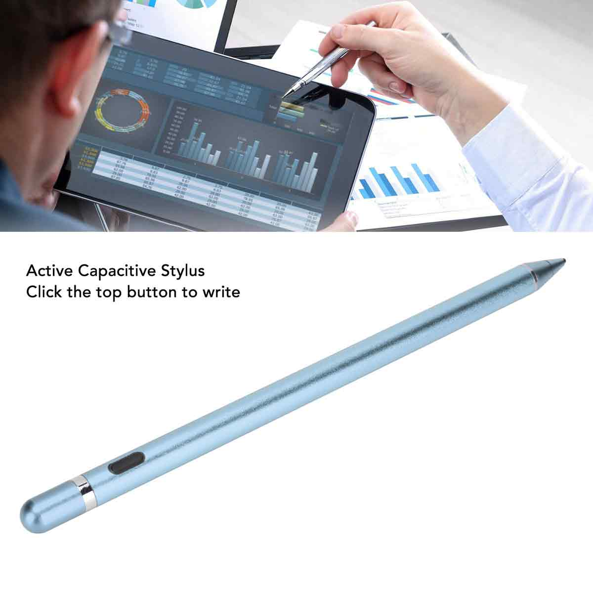 Ein Mann benutzt einen Stift auf einem Tablet mit Diagrammen.