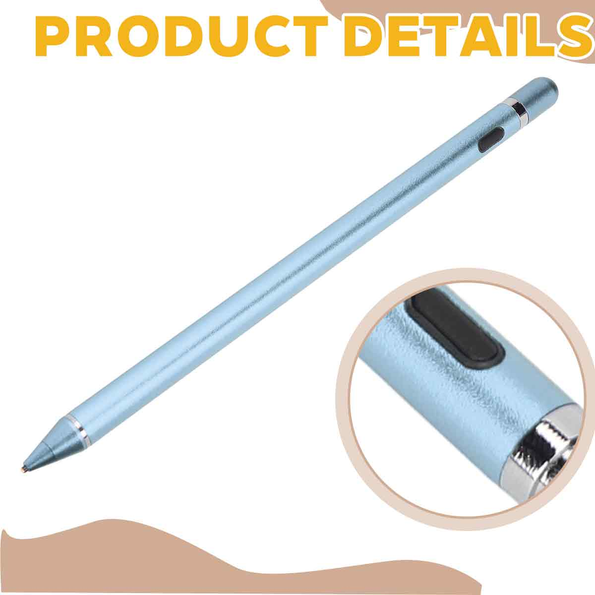 Ein hellblauer Stift mit schwarzem Knopf, im Winkel gezeigt.