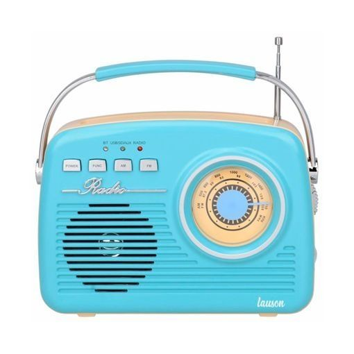 Una radio retrò turchese con accenti in legno, manico argentato e quadrante.