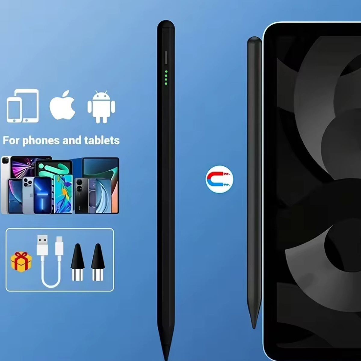 Stylus für Handys und Tablets, mit Ladezubehör und Ersatzspitzen.