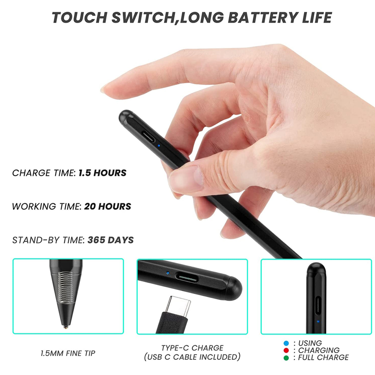 Hand hält schwarzen Stylus mit 1,5mm Spitze, Typ-C-Laden, Ladezeiten.