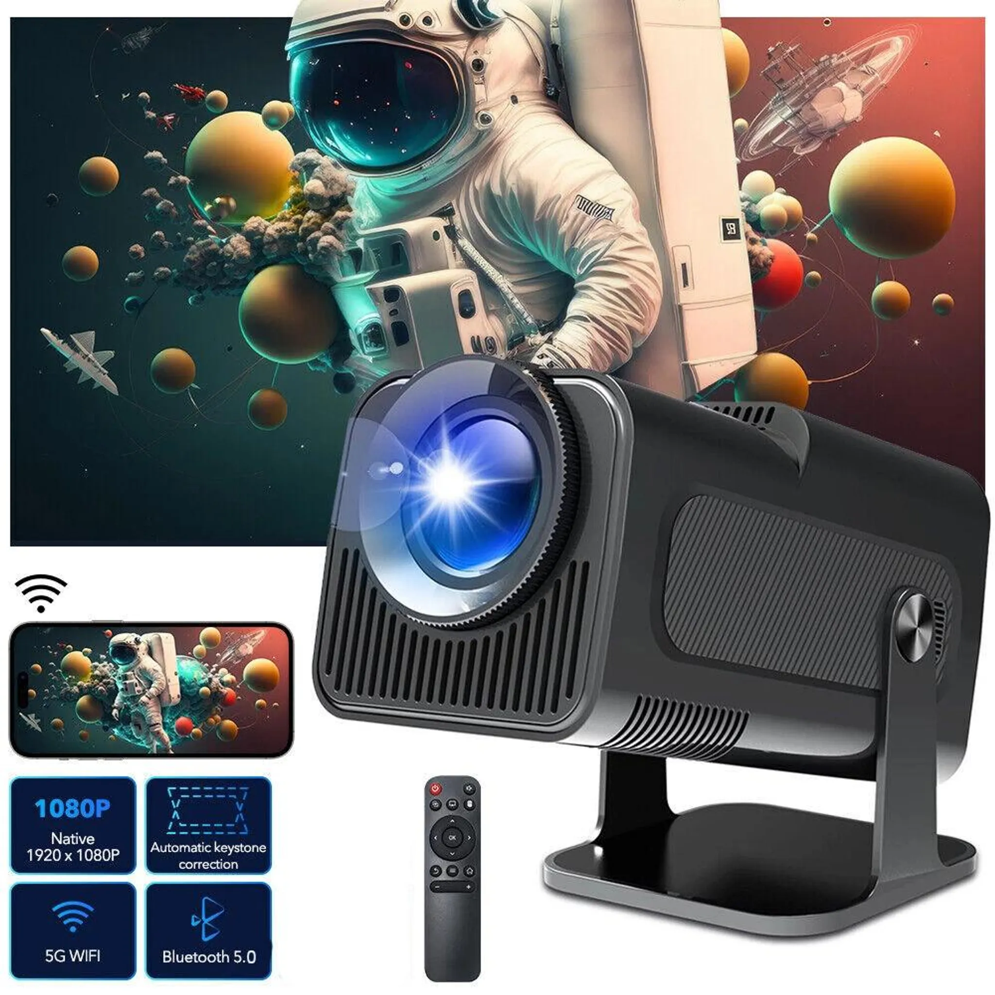 Ein Projektor mit Astronauten-Thema, Fernbedienung und vier Informationsquadraten.