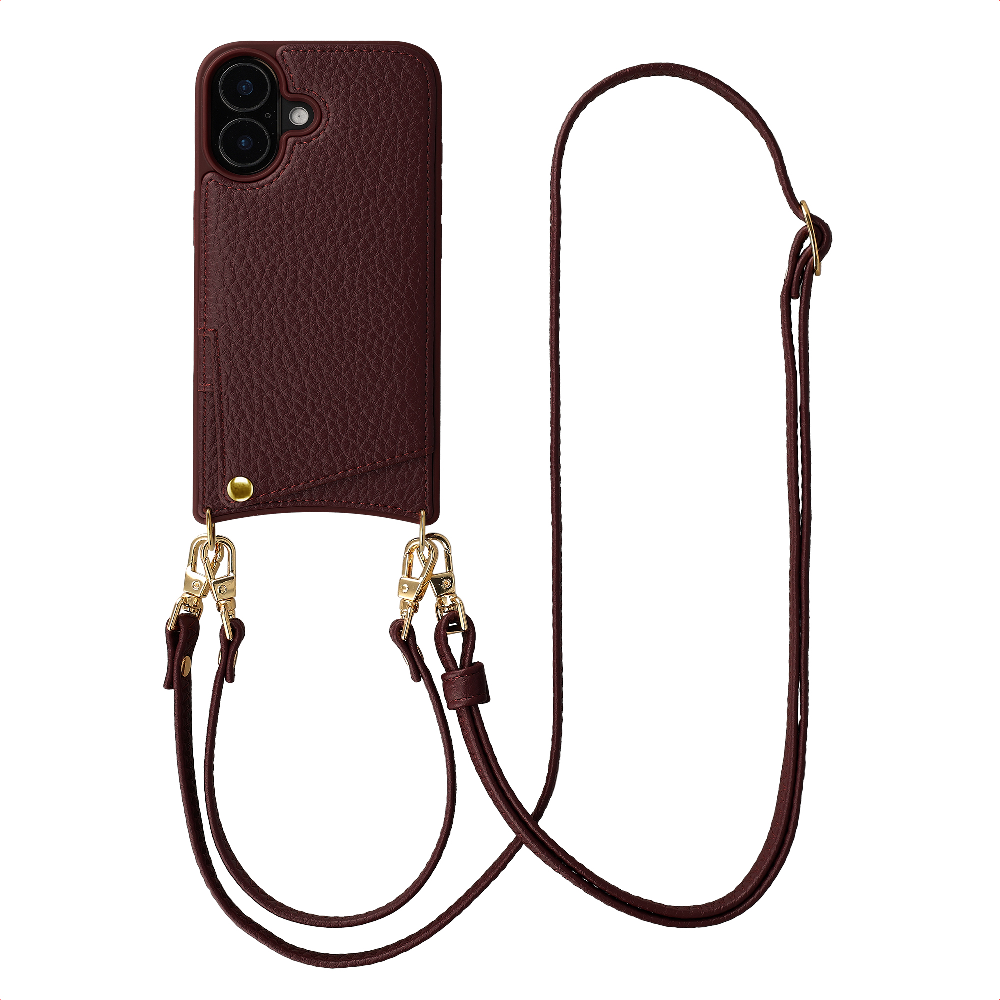 Dark red leather phone case with two cameras and a crossbody strap.