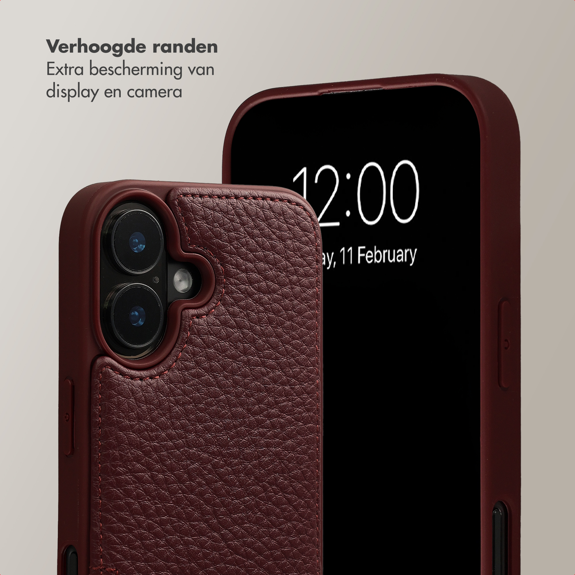 Close-up of a burgundy leather phone case with a dual-lens camera.