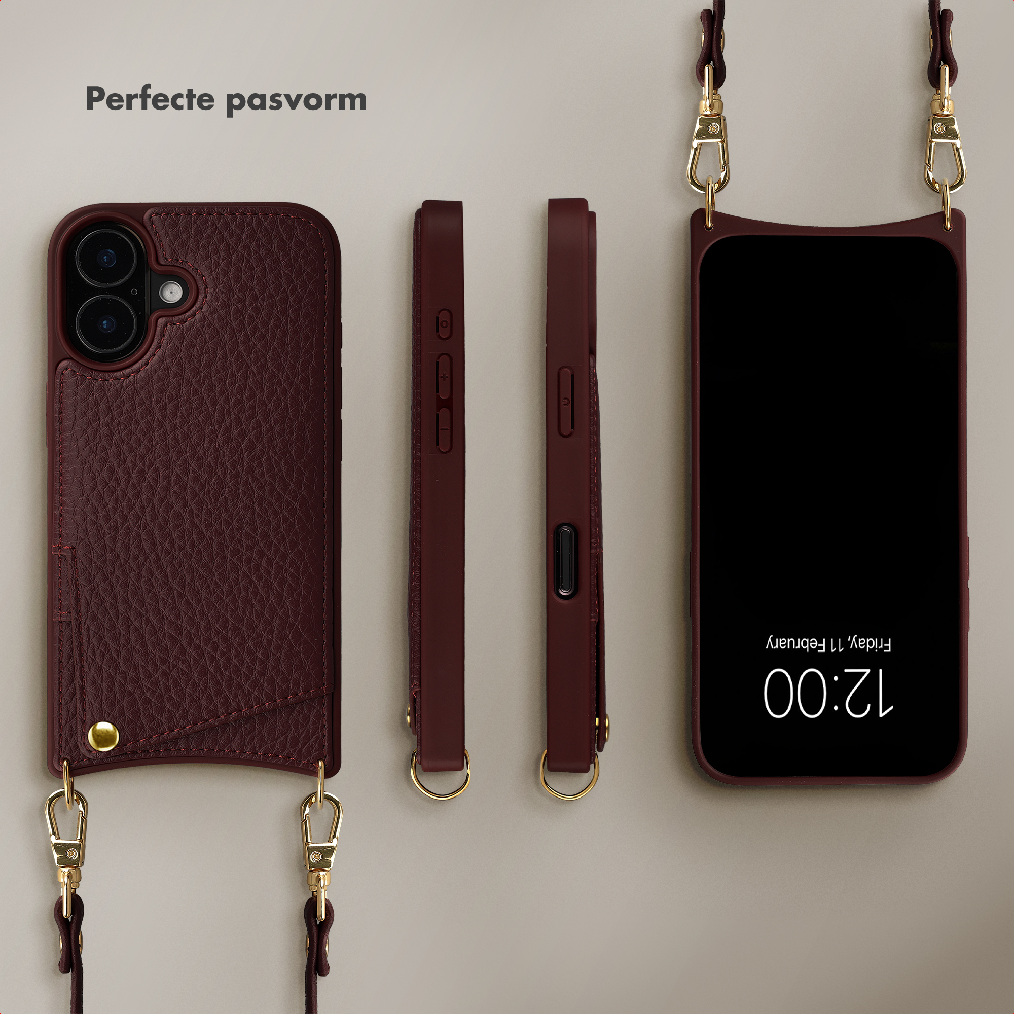 Burgundy phone case with lanyard, front and side views.