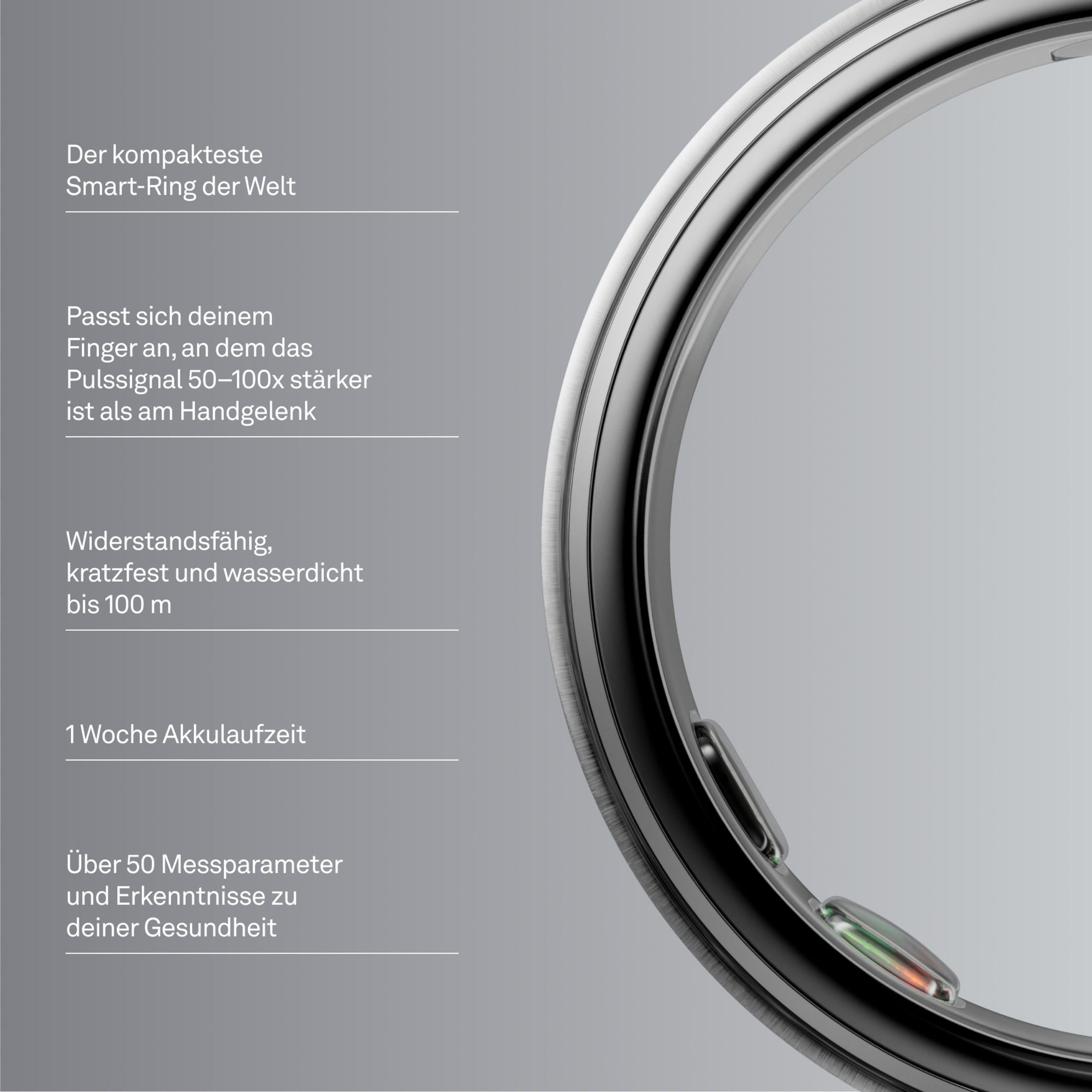 Ein silberner Smart-Ring auf grauem Hintergrund mit deutschen Texten.