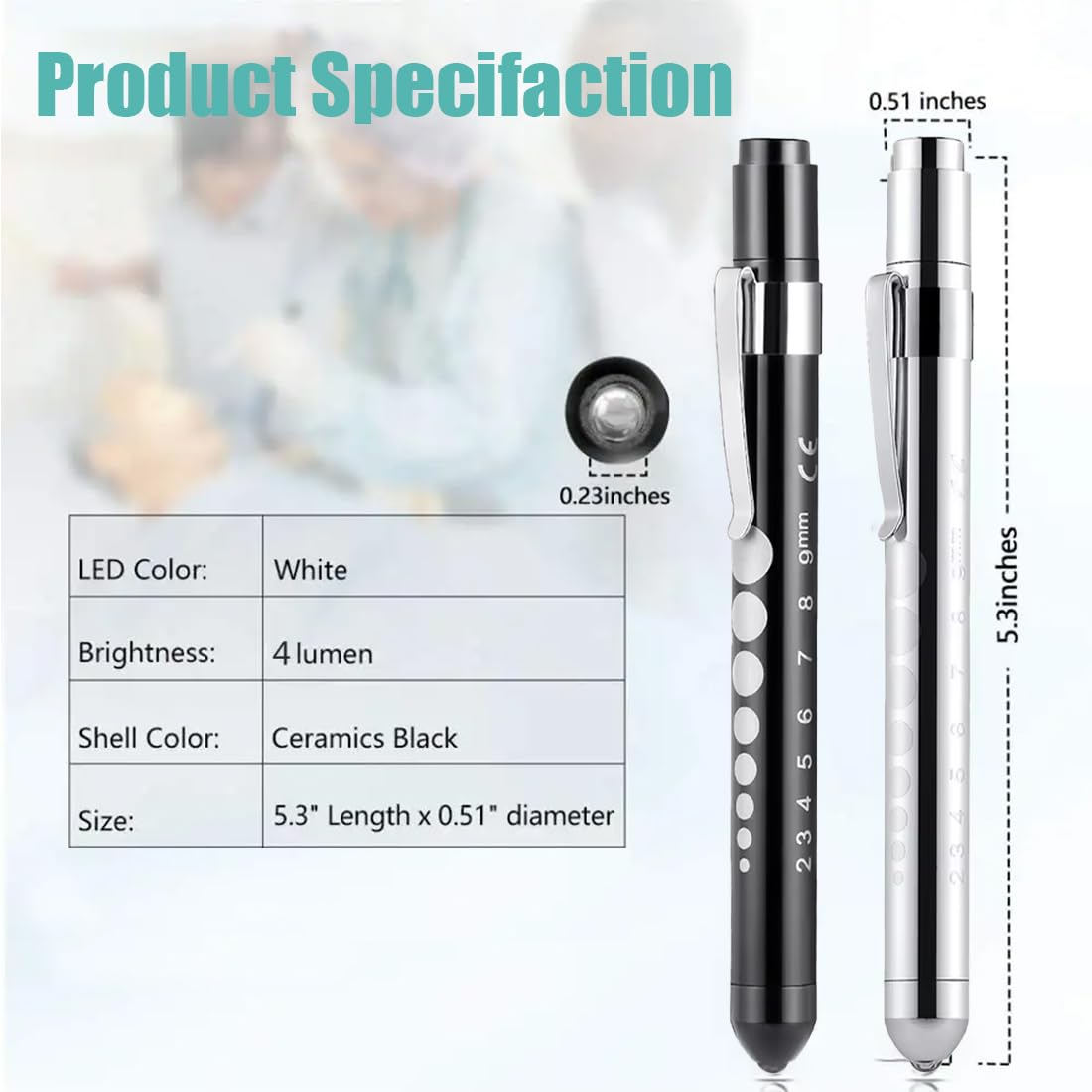Produktspezifikationen: weiße LED, 4 Lumen, schwarz/silberne Stiftlampe, 5,3"x0,51"