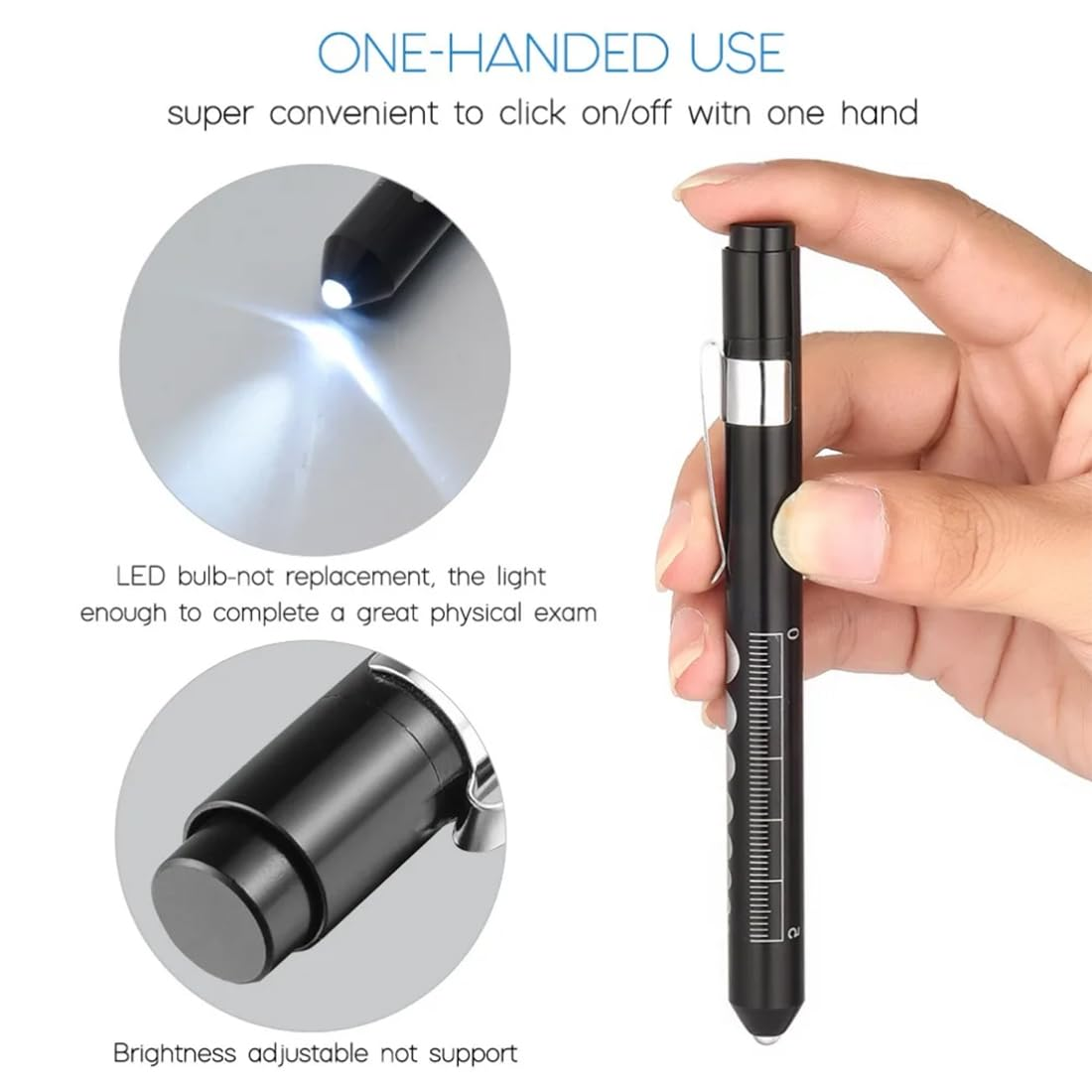 Eine Handbedienung: Eine schwarze Stiftlampe mit LED-Licht, gehalten von einer Hand.