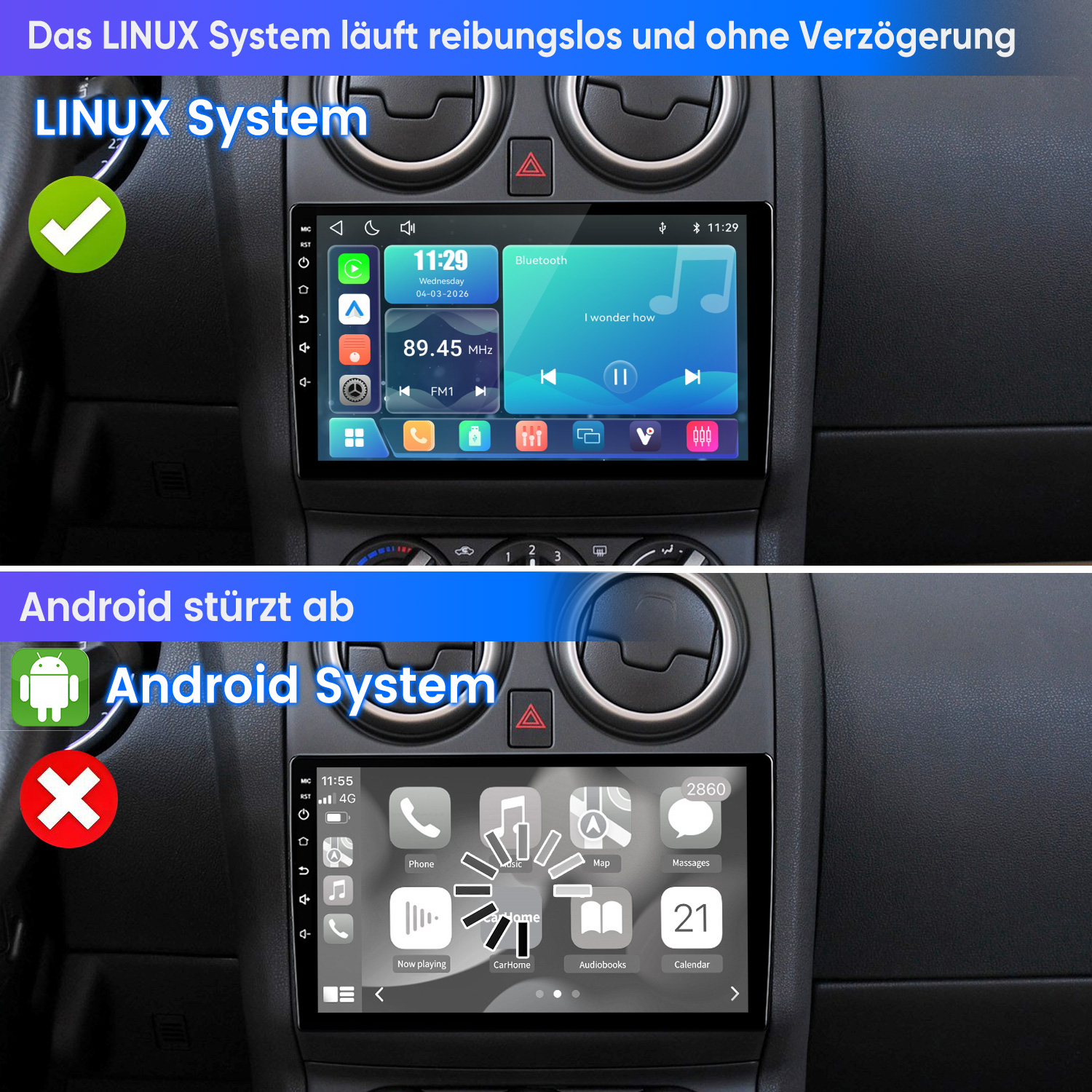 Zwei Autoradio-Bildschirme: Oben Linux, unten abgestürztes Android.