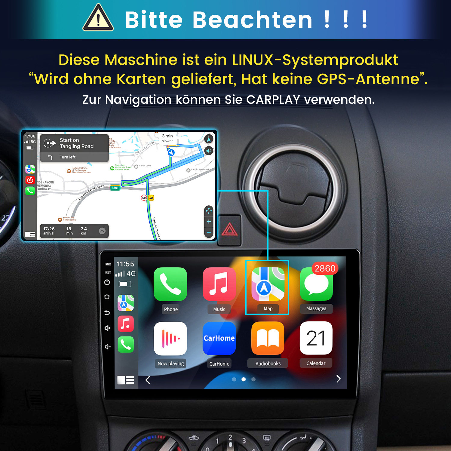 Auto-Infotainmentsystem zeigt CarPlay-Oberfläche mit Navi-App und anderen Symbolen.