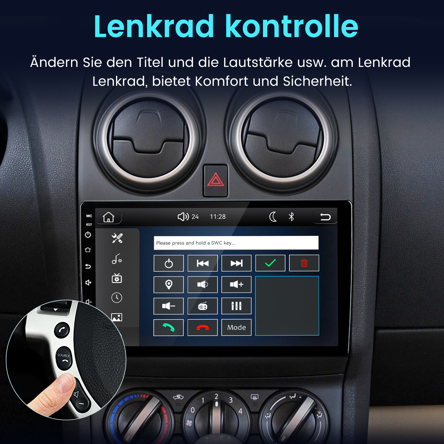 Ein Finger drückt auf eine Taste am Lenkrad eines Autos, das Display zeigt eine SWC-Schlüssel-Einstellungsoption.