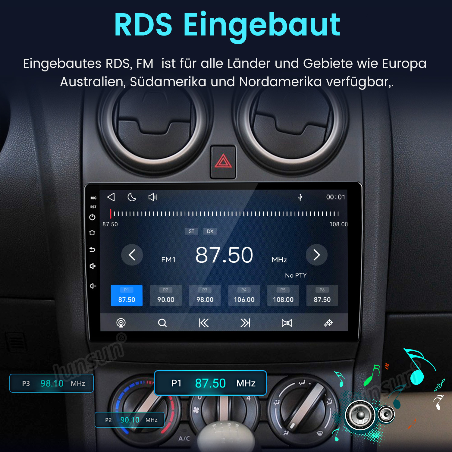 Ein Autoradio mit RDS und FM-Funktion zeigt 87.50 MHz an, mit voreingestellten Sendern.