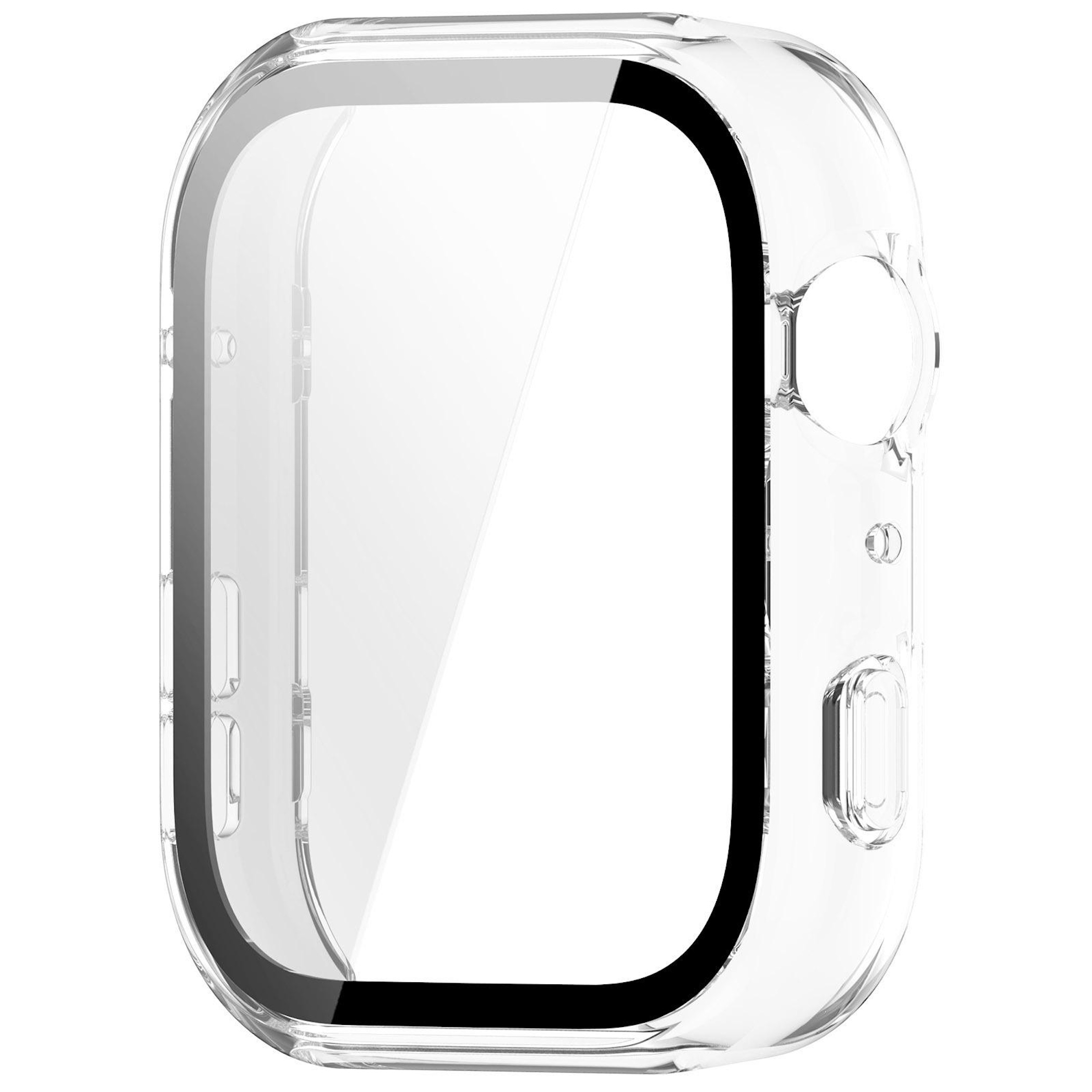 Transparente Schutzhülle für ein rechteckiges Smartwatch-Display mit schwarzem Rand.